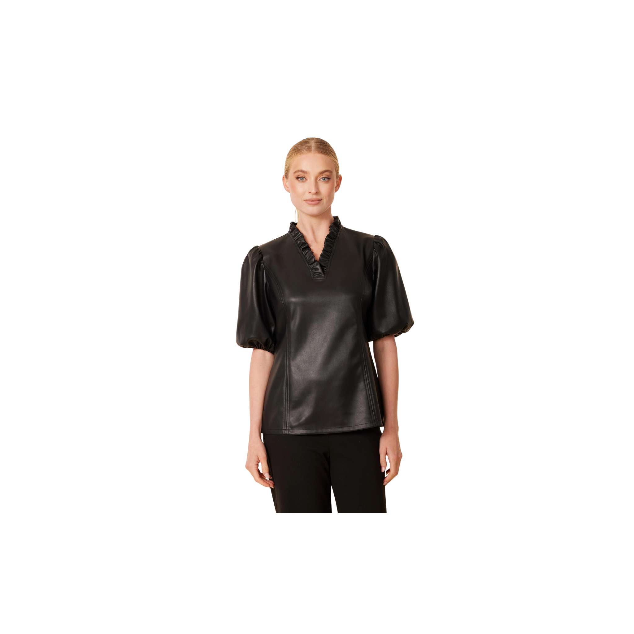 Faux Leather Ruffle Neck Top -Black