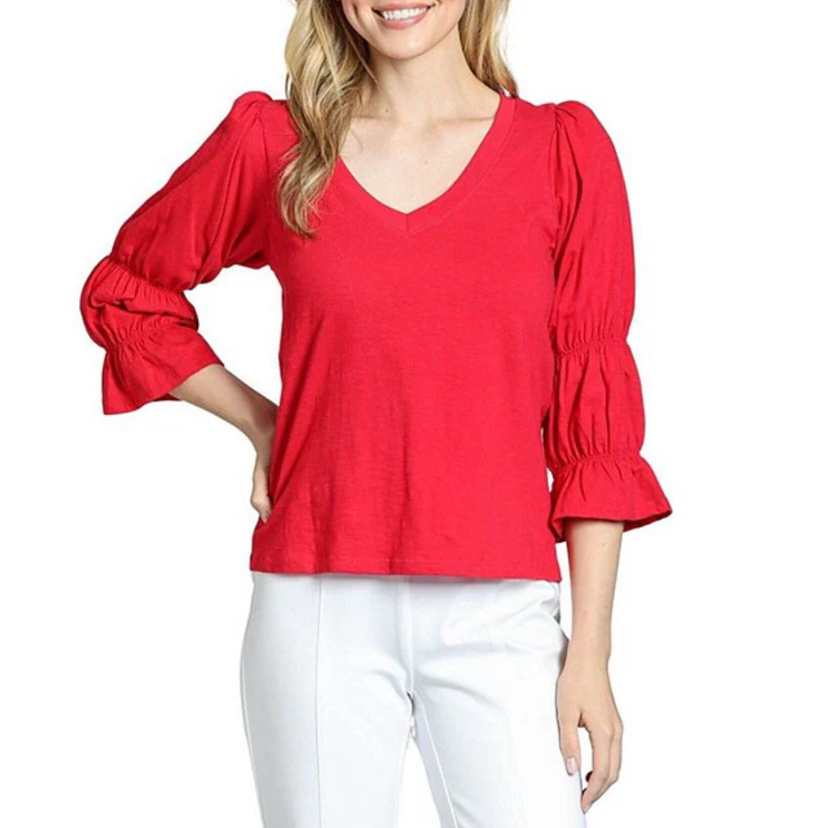 APNY V-Neck Top w/ Renaissance Sleeve -Red