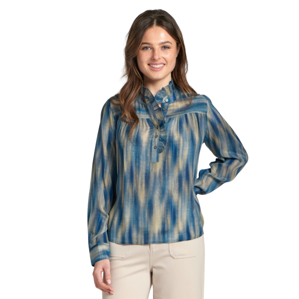 APNY Ruffle Half Placket Blouse -Blue