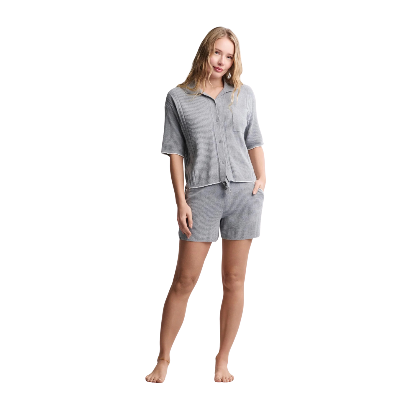 Barefoot Dreams CozyChic Ultra Lite® Contrast Scallop Short Set-Moonbeam