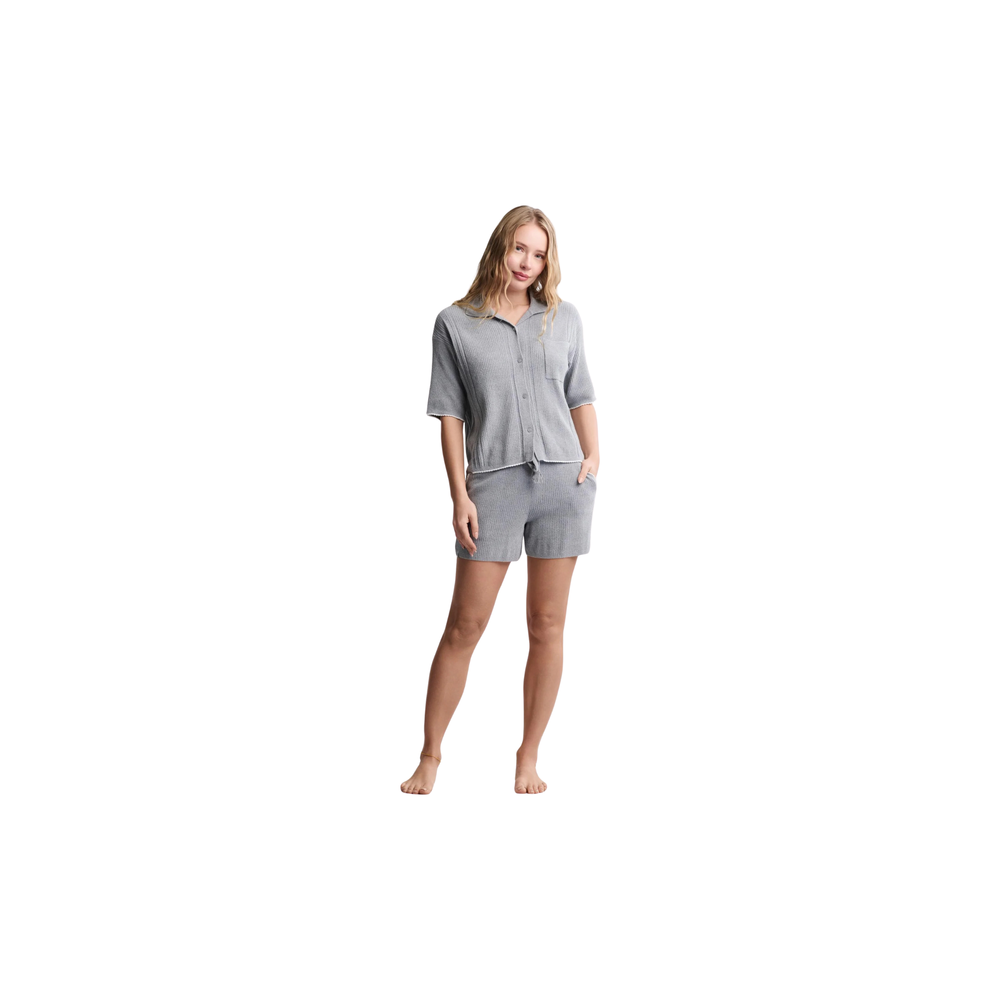 Barefoot Dreams CozyChic Ultra Lite® Contrast Scallop Short Set-Moonbeam