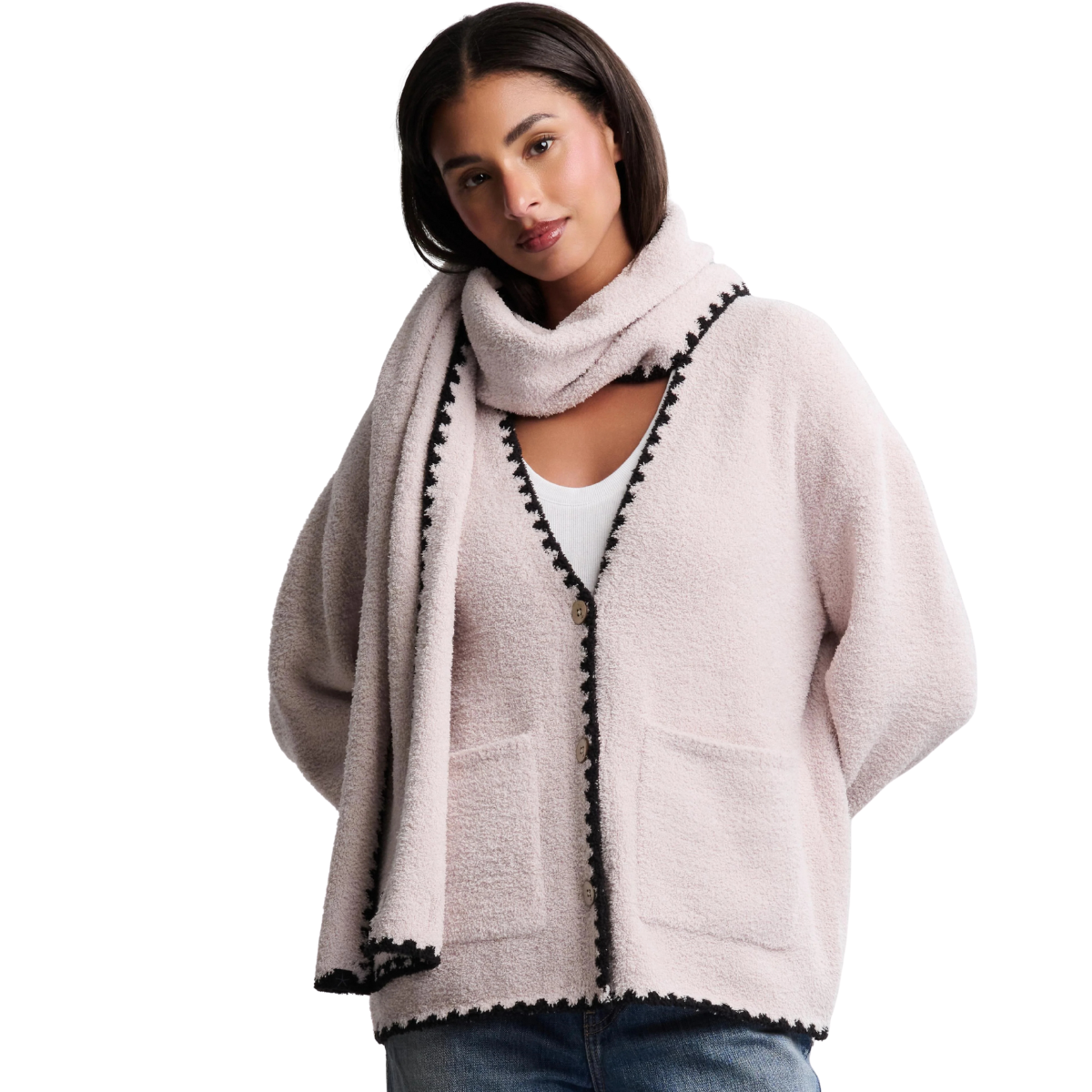 Barefoot Dreams CozyChic Blanket Stitch Cardigan w/ Detachable Scarf -Stone