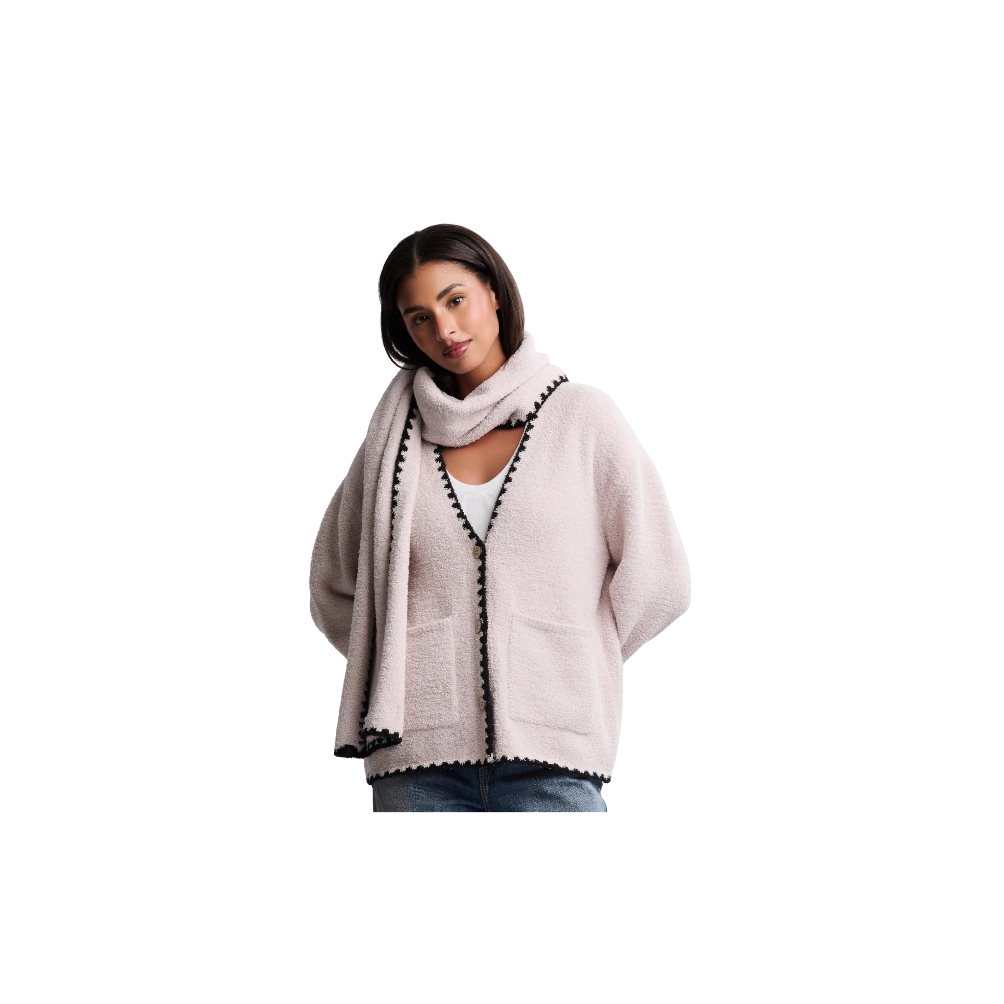 Barefoot Dreams CozyChic Blanket Stitch Cardigan w/ Detachable Scarf -Stone