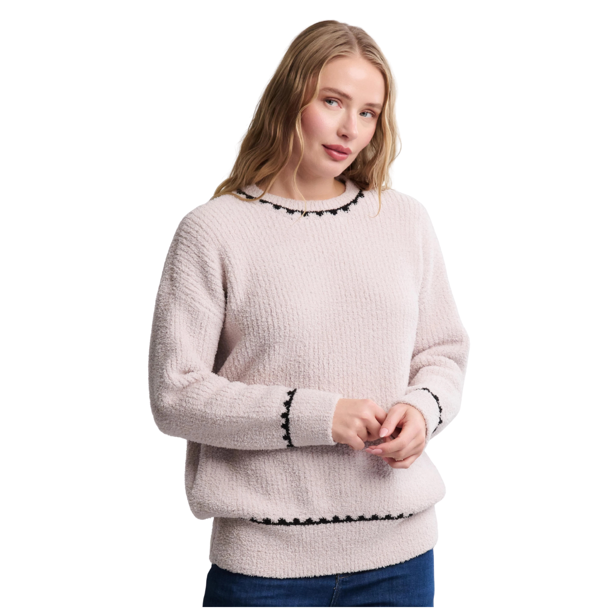 Barefoot Dreams CozyChic Ribbed Sweater w/ Blanket Stitch -Stone