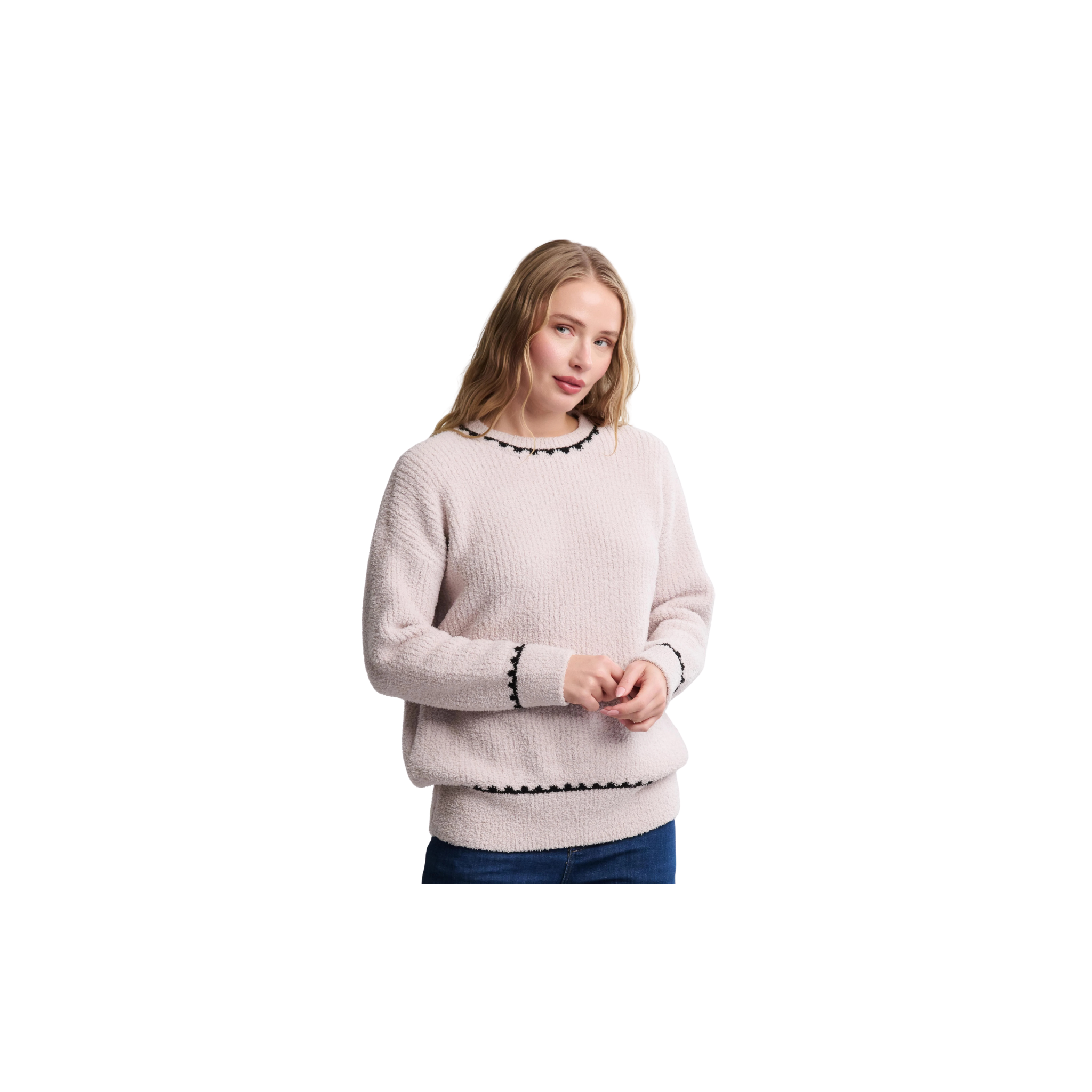 Barefoot Dreams CozyChic Ribbed Sweater w/ Blanket Stitch -Stone