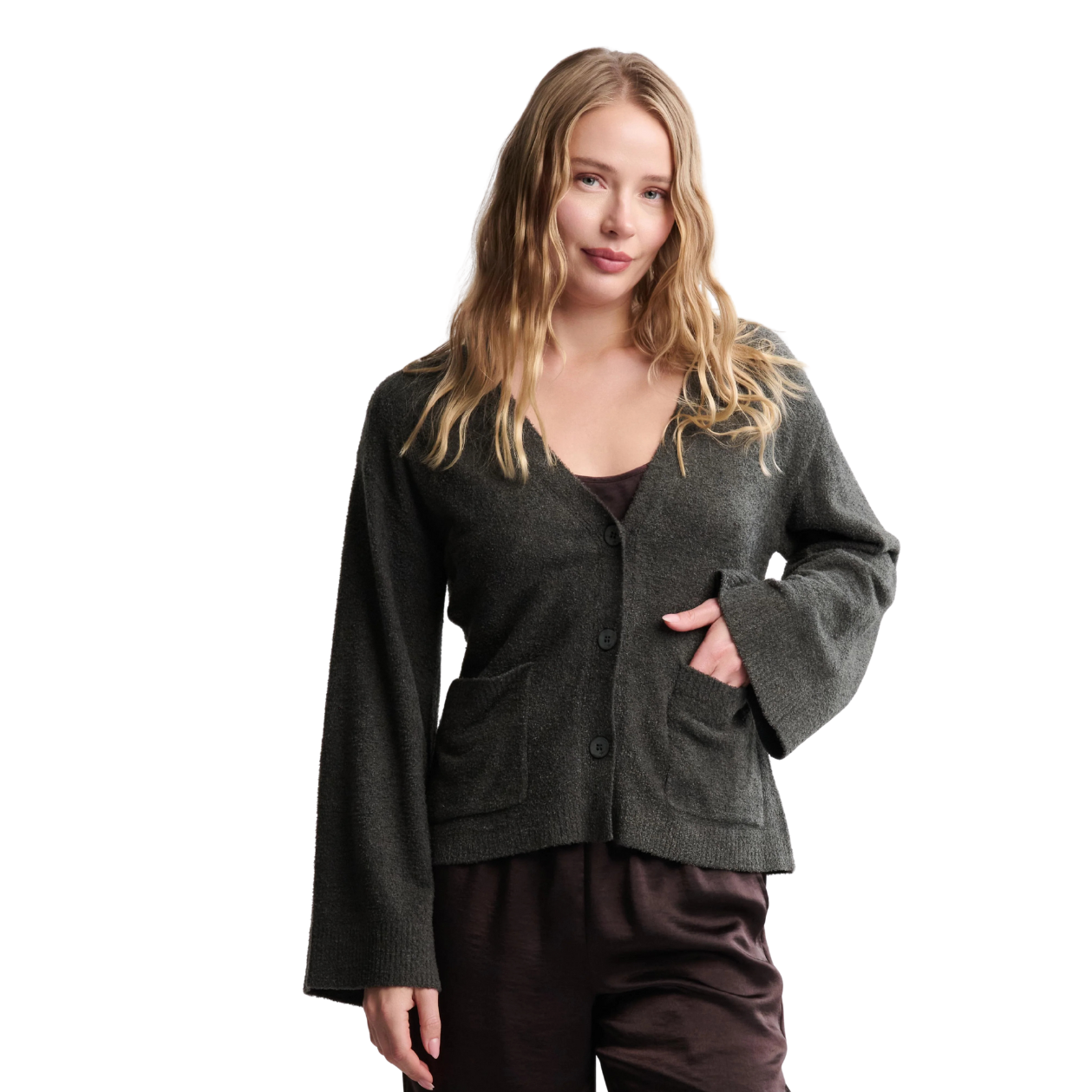 Barefoot Dreams CozyChic Lite Wide Sleeve Button Front Cardigan -Dk Moss