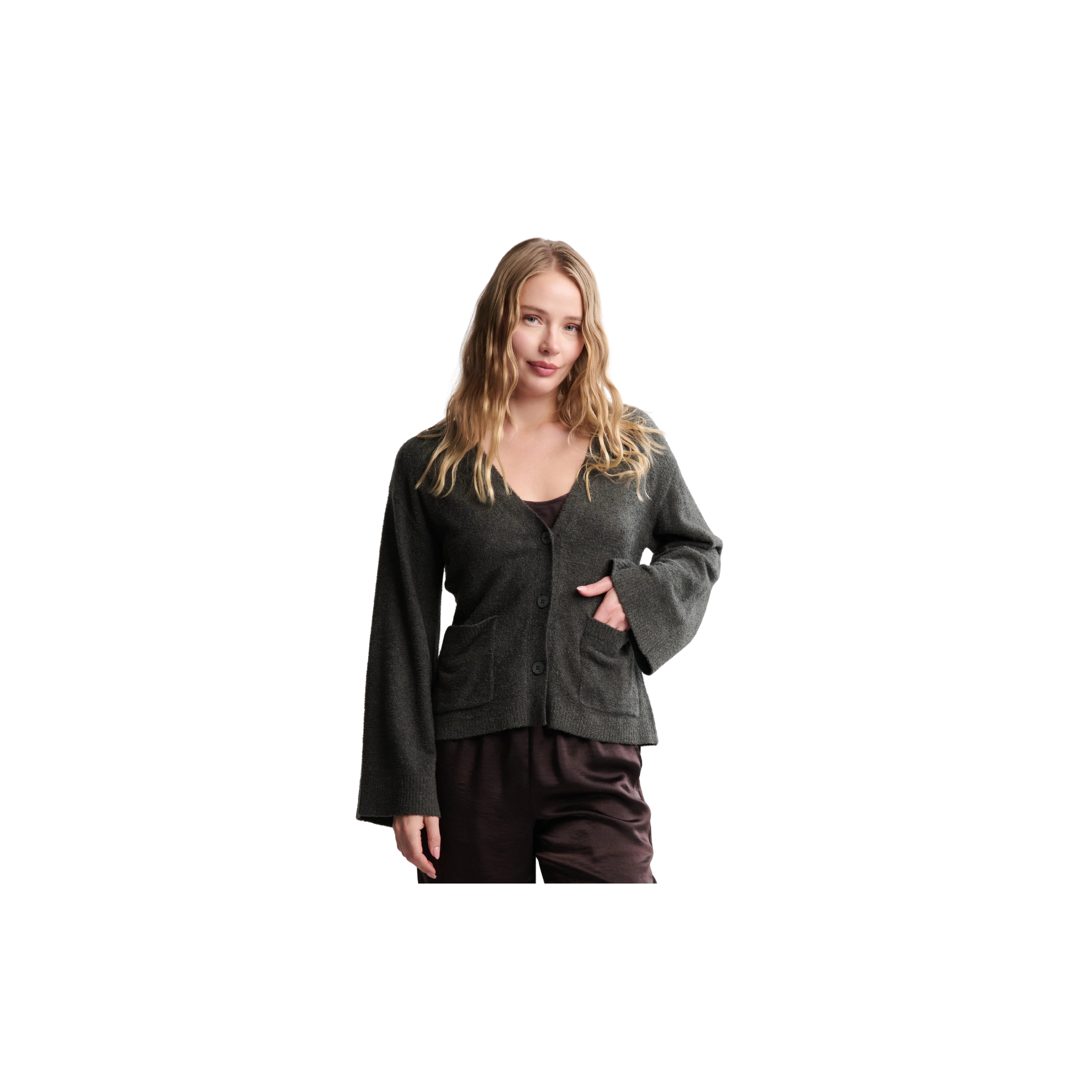 Barefoot Dreams CozyChic Lite Wide Sleeve Button Front Cardigan -Dk Moss