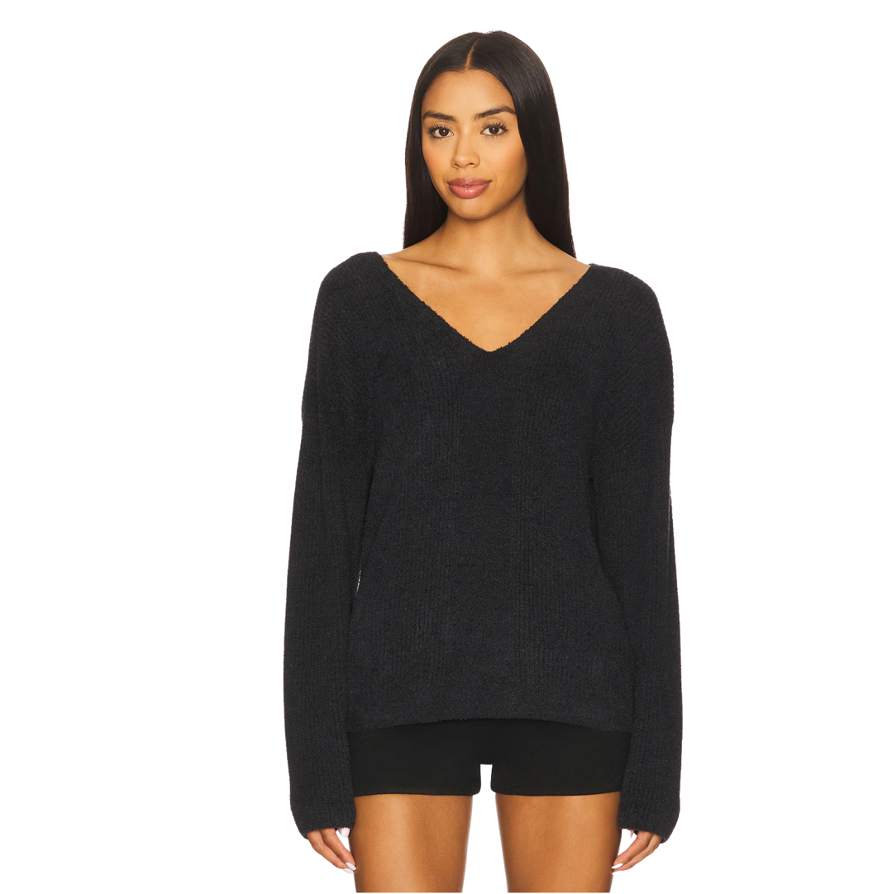 Barefoot Dreams CozyChic Lite Ribbed V Pullover with Back Tie-Black