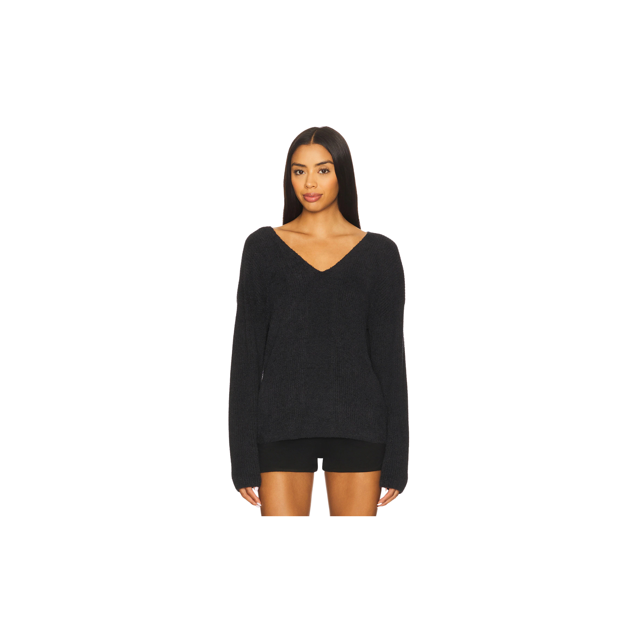 Barefoot Dreams CozyChic Lite Ribbed V Pullover with Back Tie-Black