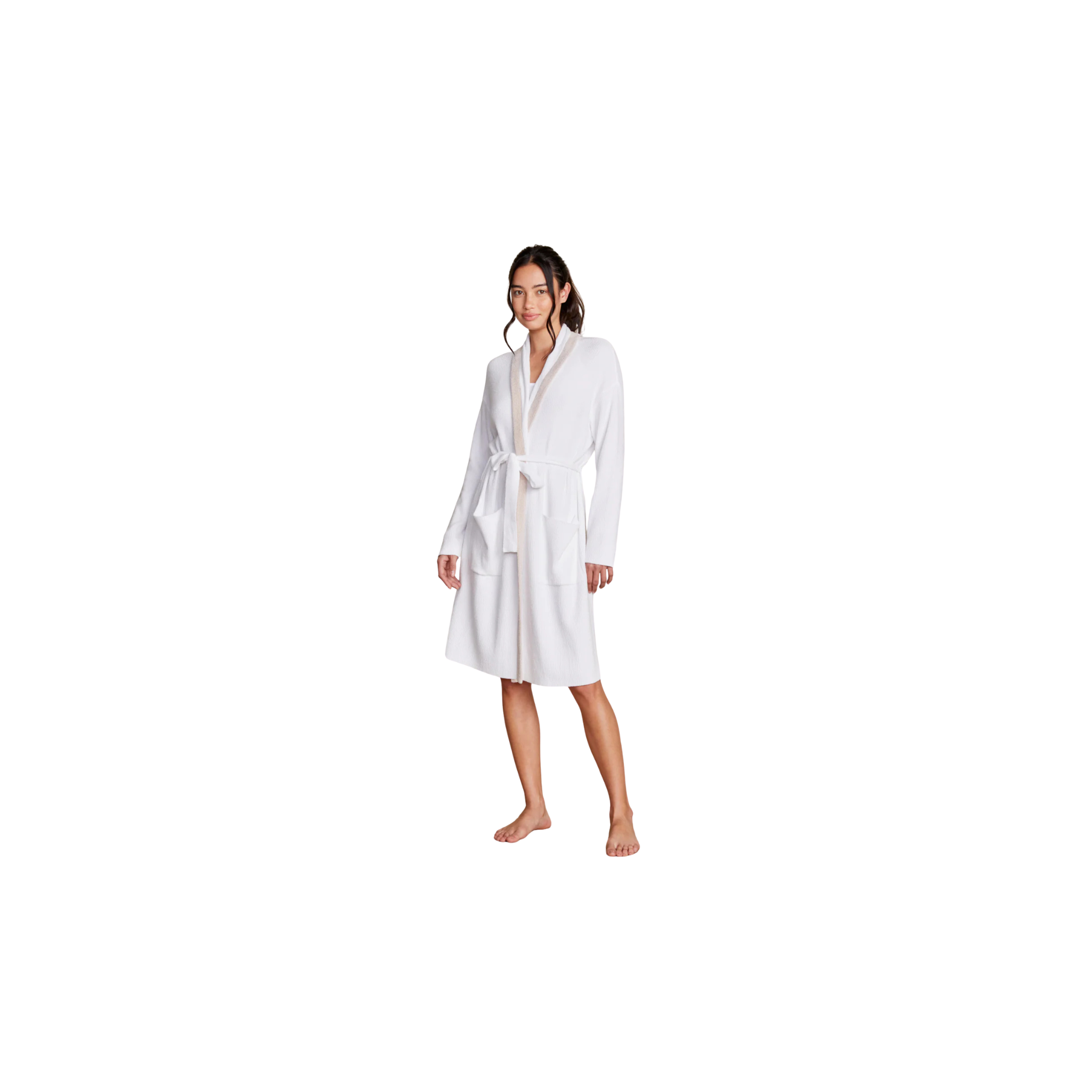 Barefoot Dreams CozyChic Ultra Lite® Tipped Ribbed Short Robe -Sea Salt/Shell