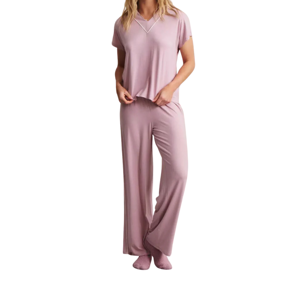 Barefoot Dreams Luxe Milk Jersey Piped Short Sleeve Pant Set-Teaberry