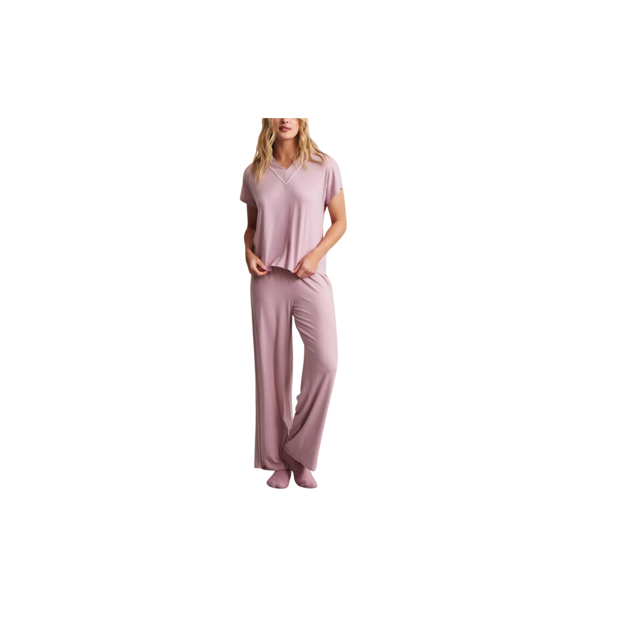 Barefoot Dreams Luxe Milk Jersey Piped Short Sleeve Pant Set-Teaberry