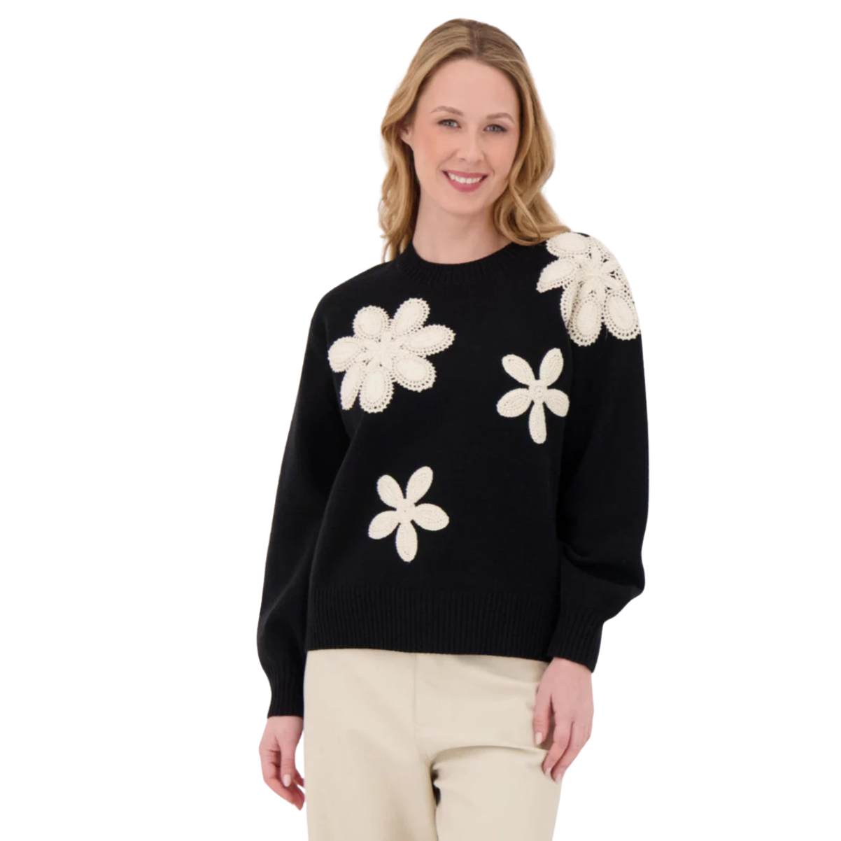 Gabby Isabella Macrame Flower Applique Sweater -Black