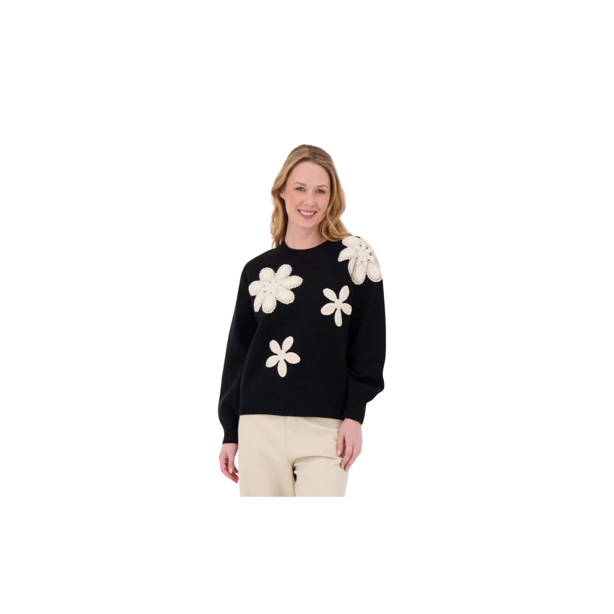 Gabby Isabella Macrame Flower Applique Sweater -Black