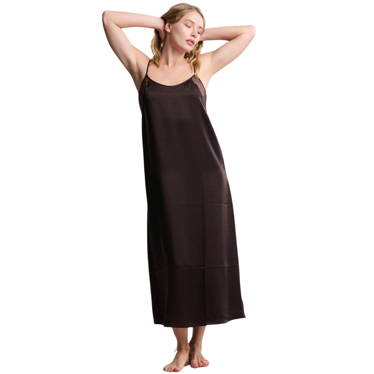 Barefoot Dreams Liquid Satin Lace Slip Dress -Umber
