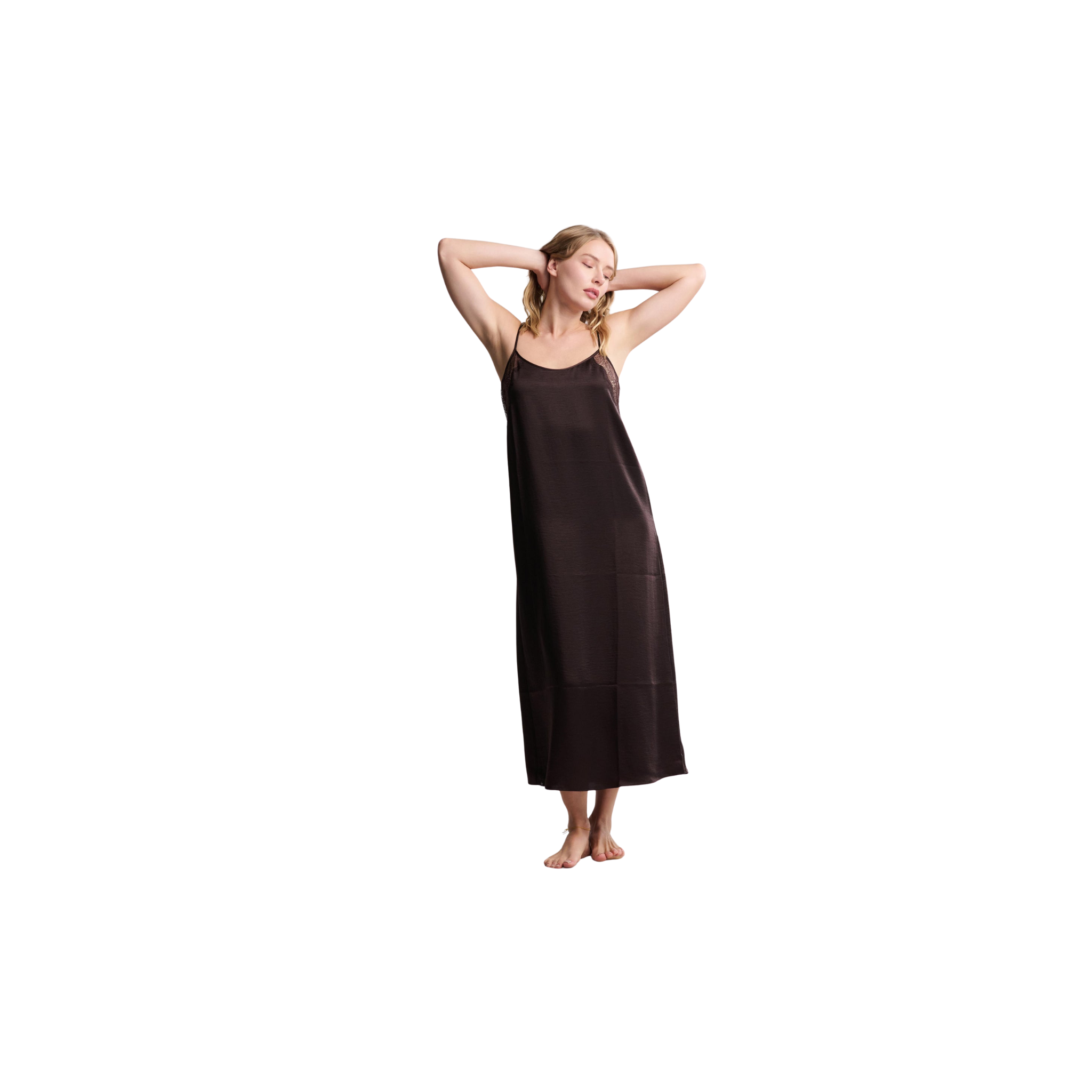 Barefoot Dreams Liquid Satin Lace Slip Dress -Umber
