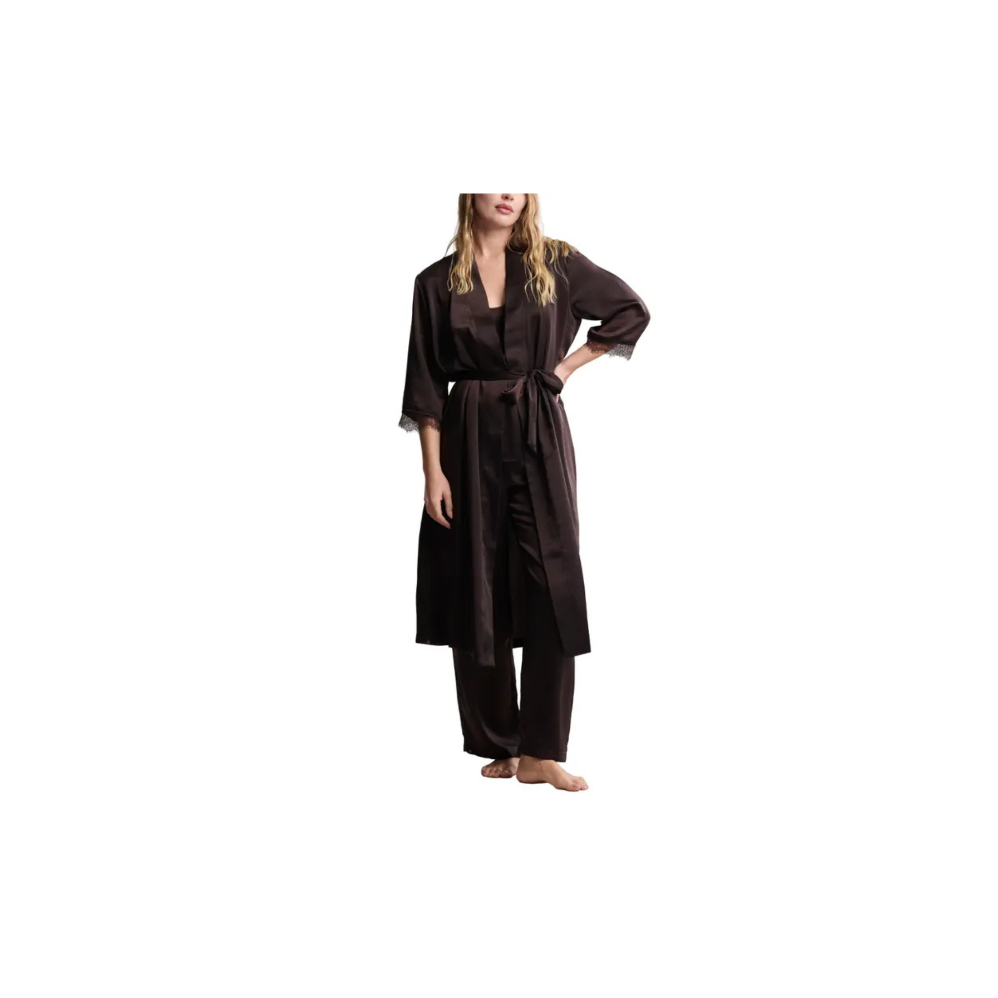 Barefoot Dreams Liquid Satin Lace Kimono Robe -Umber