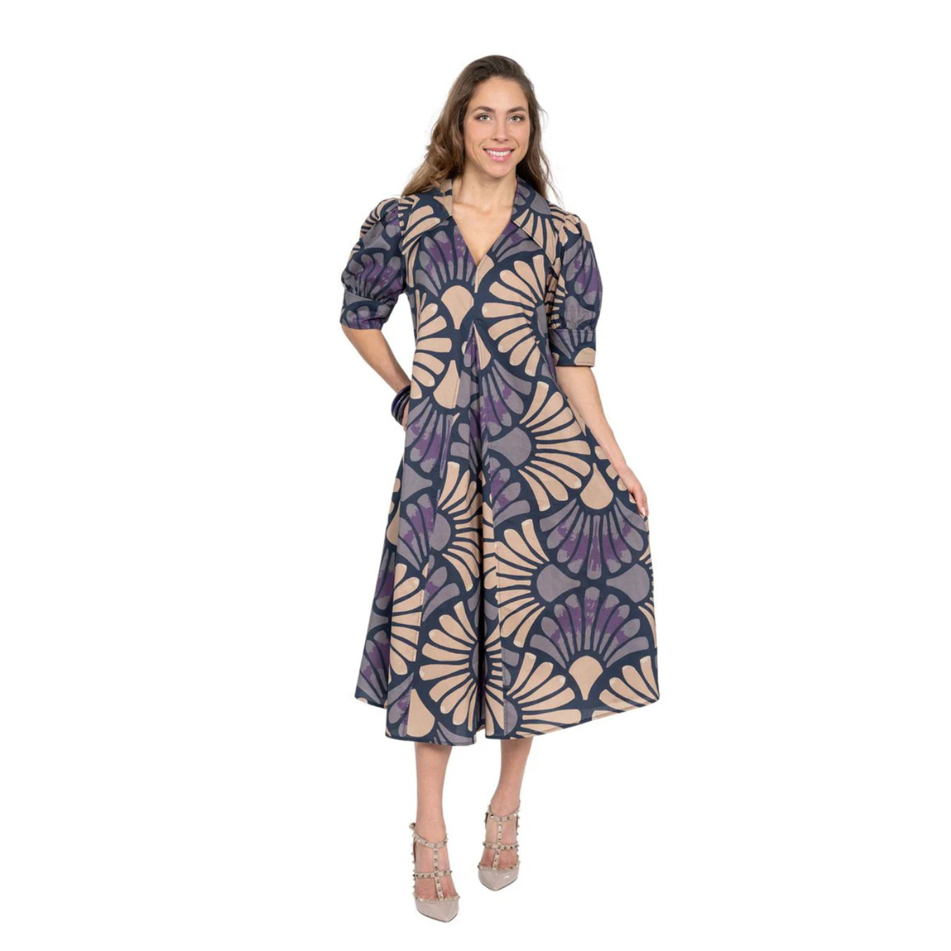 Lior Paris Amber Pointed Collar Short Sleeve Dress -Sand Navy Floral