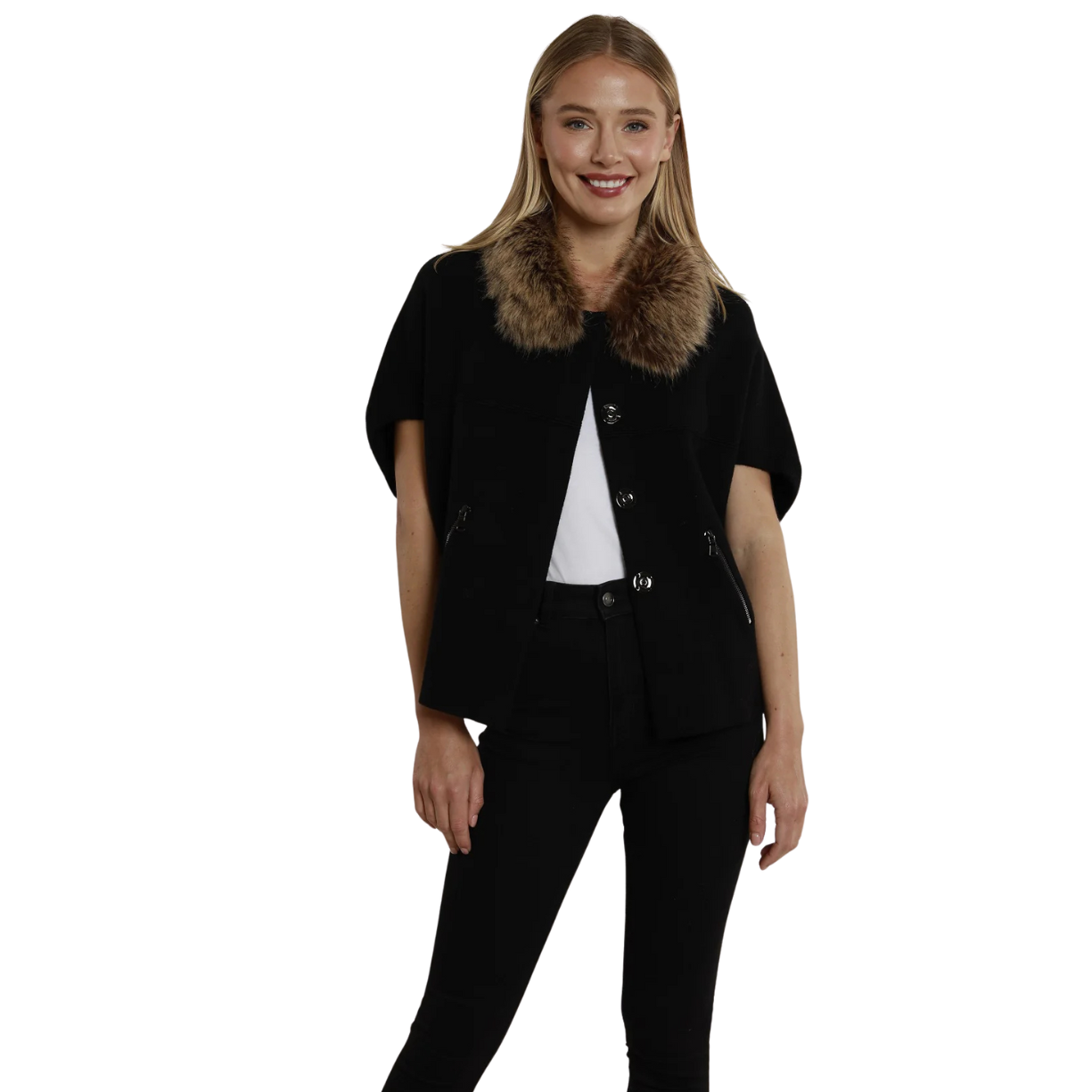 Dolce Cabo Faux Fur Collar Short Sleeve Cardigan -Black/Chestnut