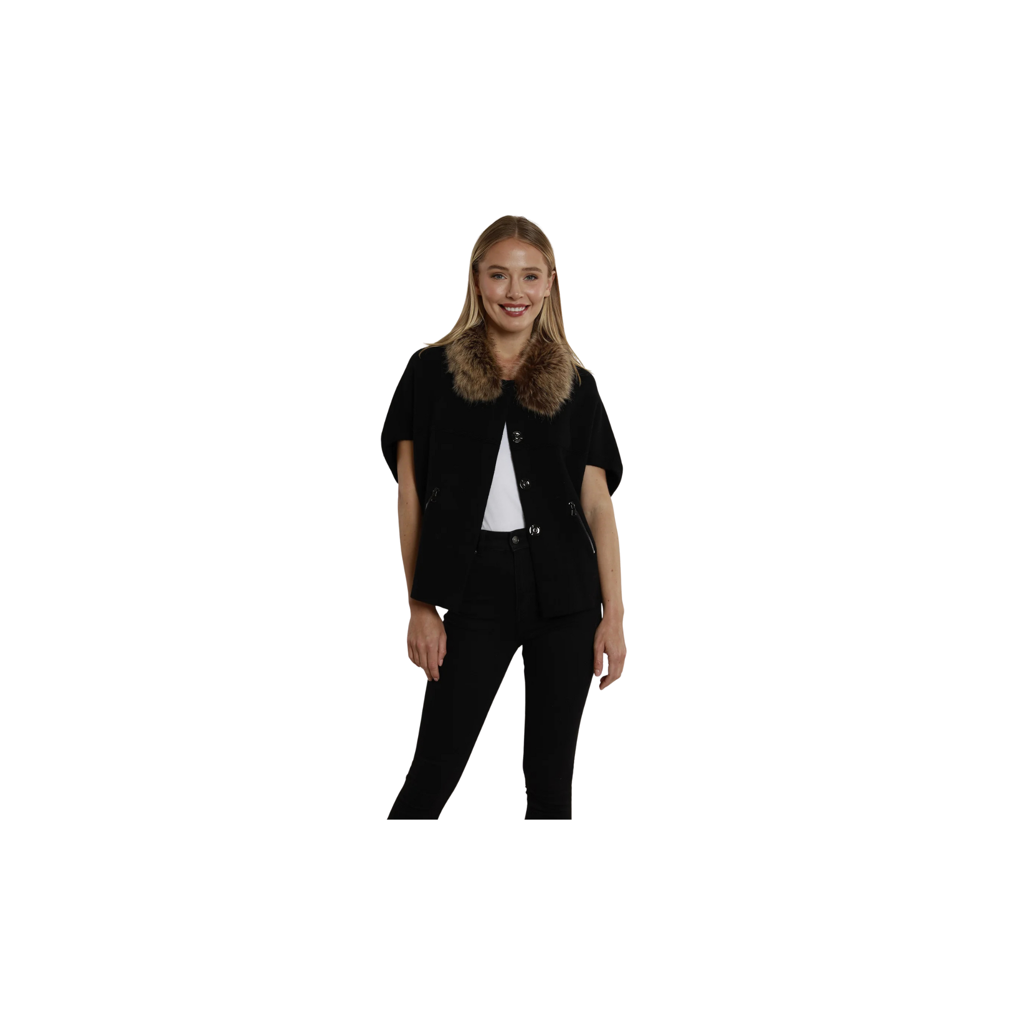 Dolce Cabo Faux Fur Collar Short Sleeve Cardigan -Black/Chestnut