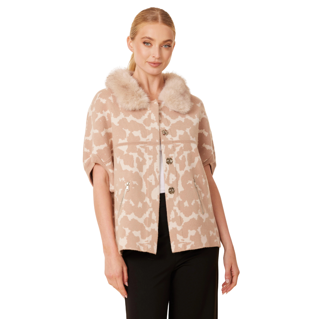 Dolce Cabo Animal Print Faux Fur Trimmed Cocoon Cardigan -Cheetah