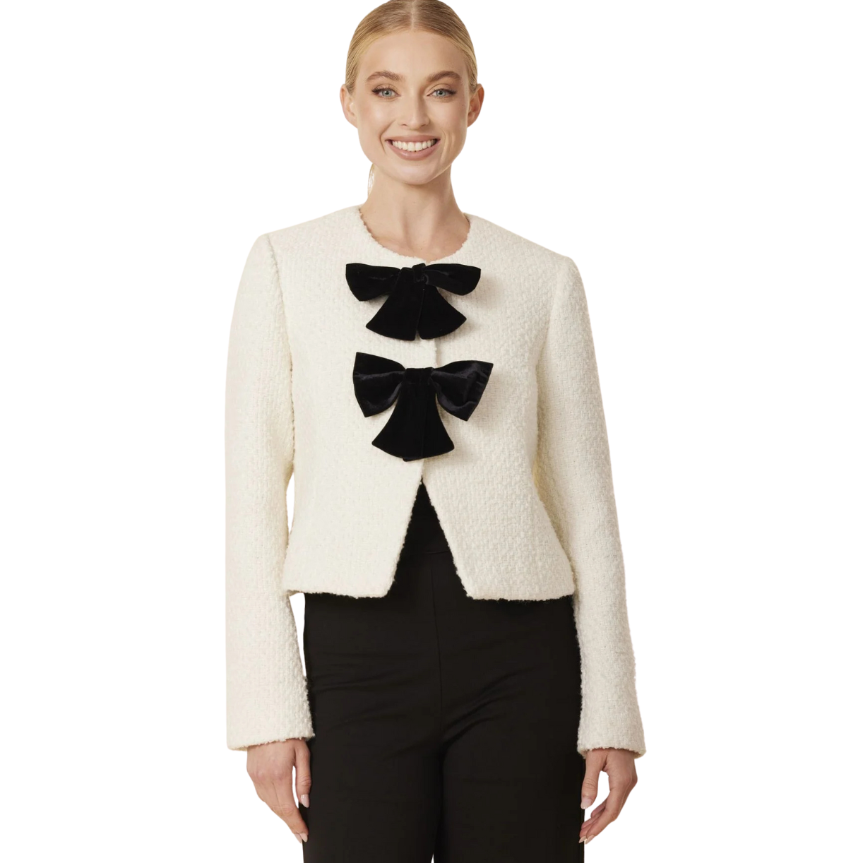 Dolce Cabo Velvet Bow Tweed Blazer -Creme/Black