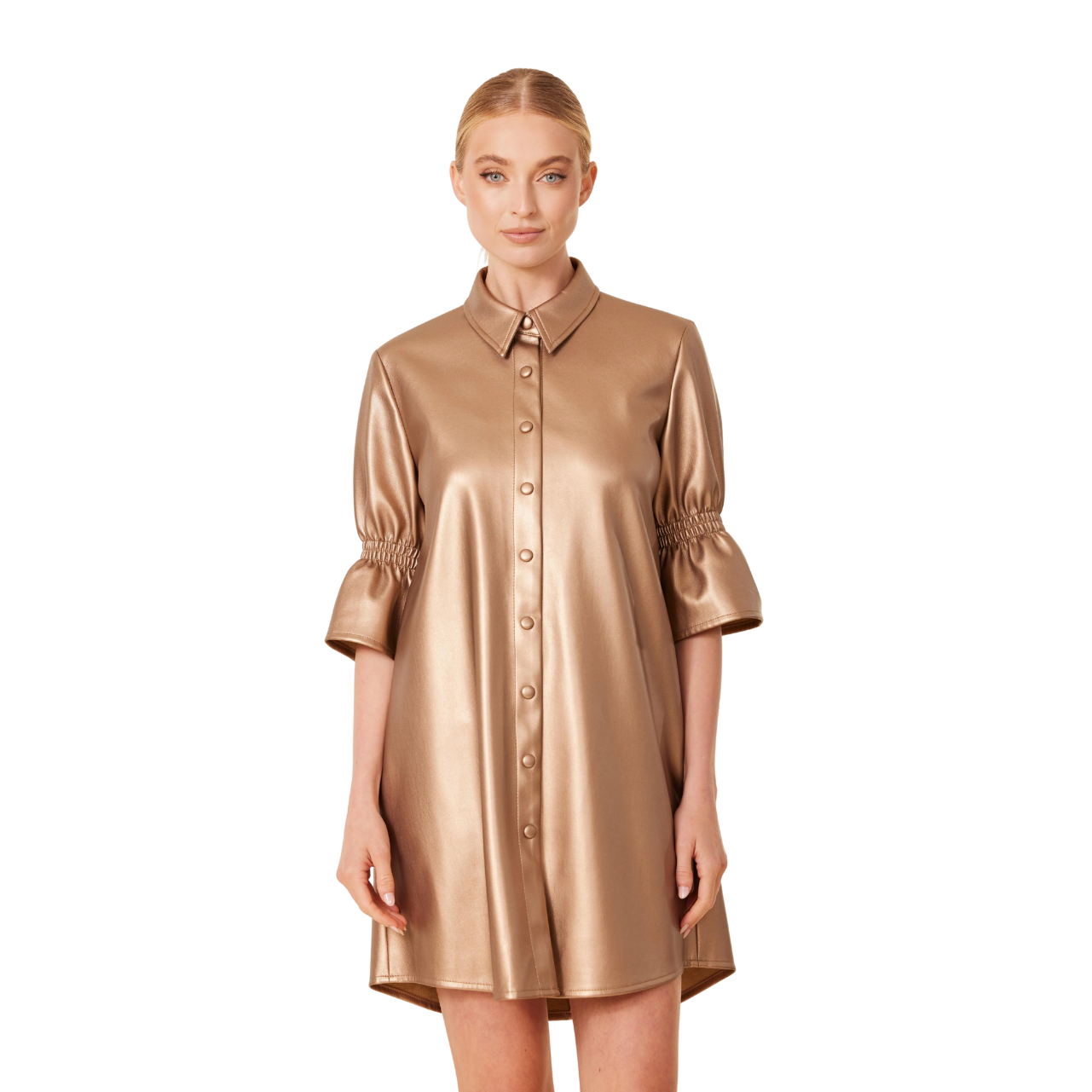 Dolce Cabo Faux Leather Metallic Ruffle Sleeve Dress -Bronze