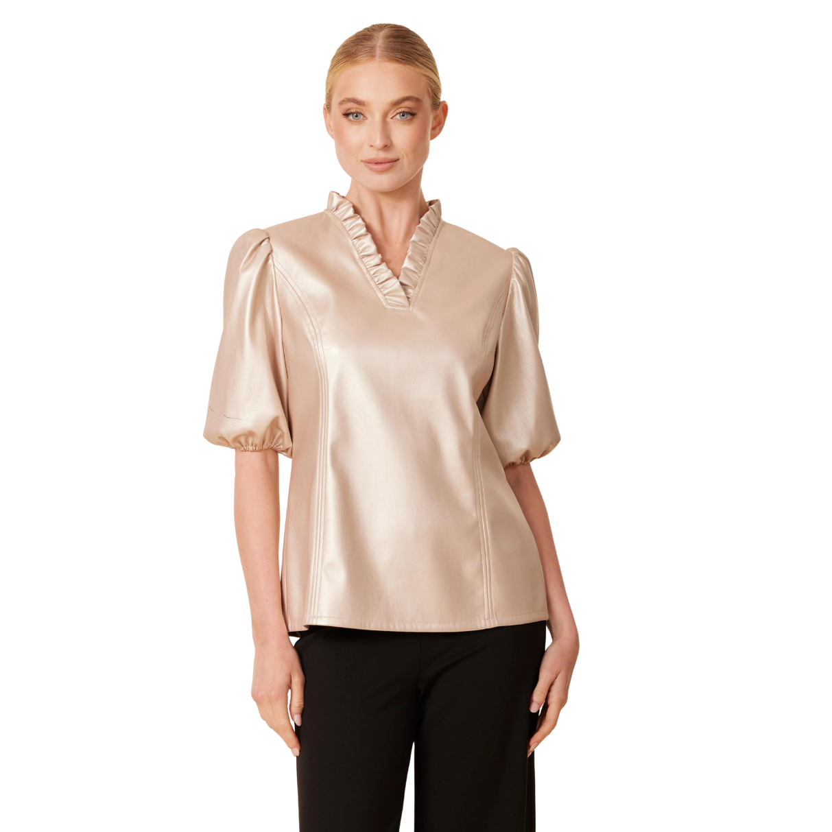 Dolce Cabo Faux Leather Ruffle Neck Top -Pale Gold