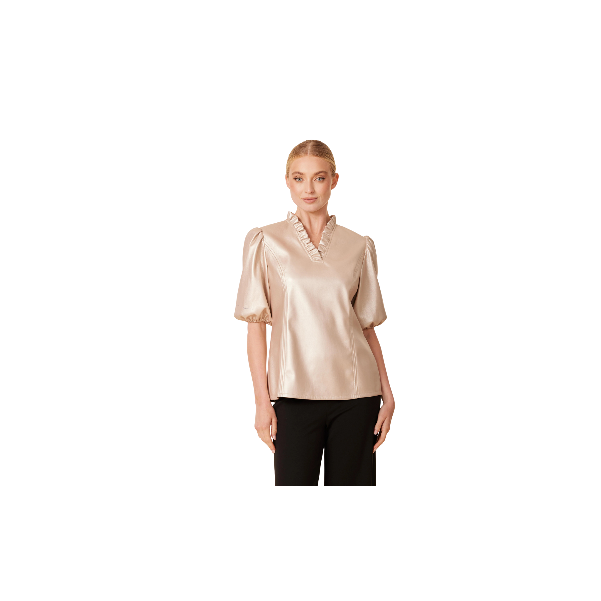 Dolce Cabo Faux Leather Ruffle Neck Top -Pale Gold