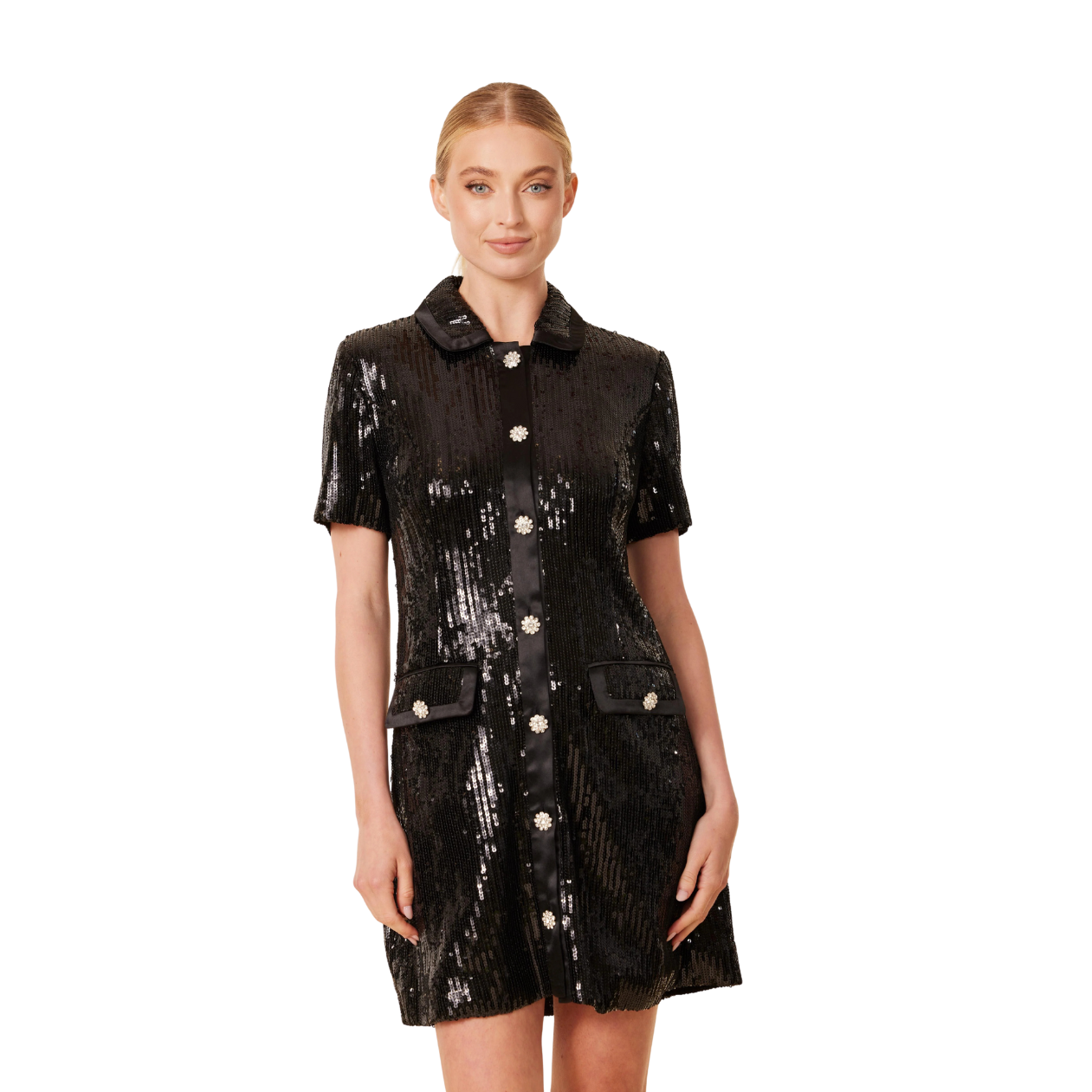 Dolce Cabo Sequin Rhinestone Button Dress -Black