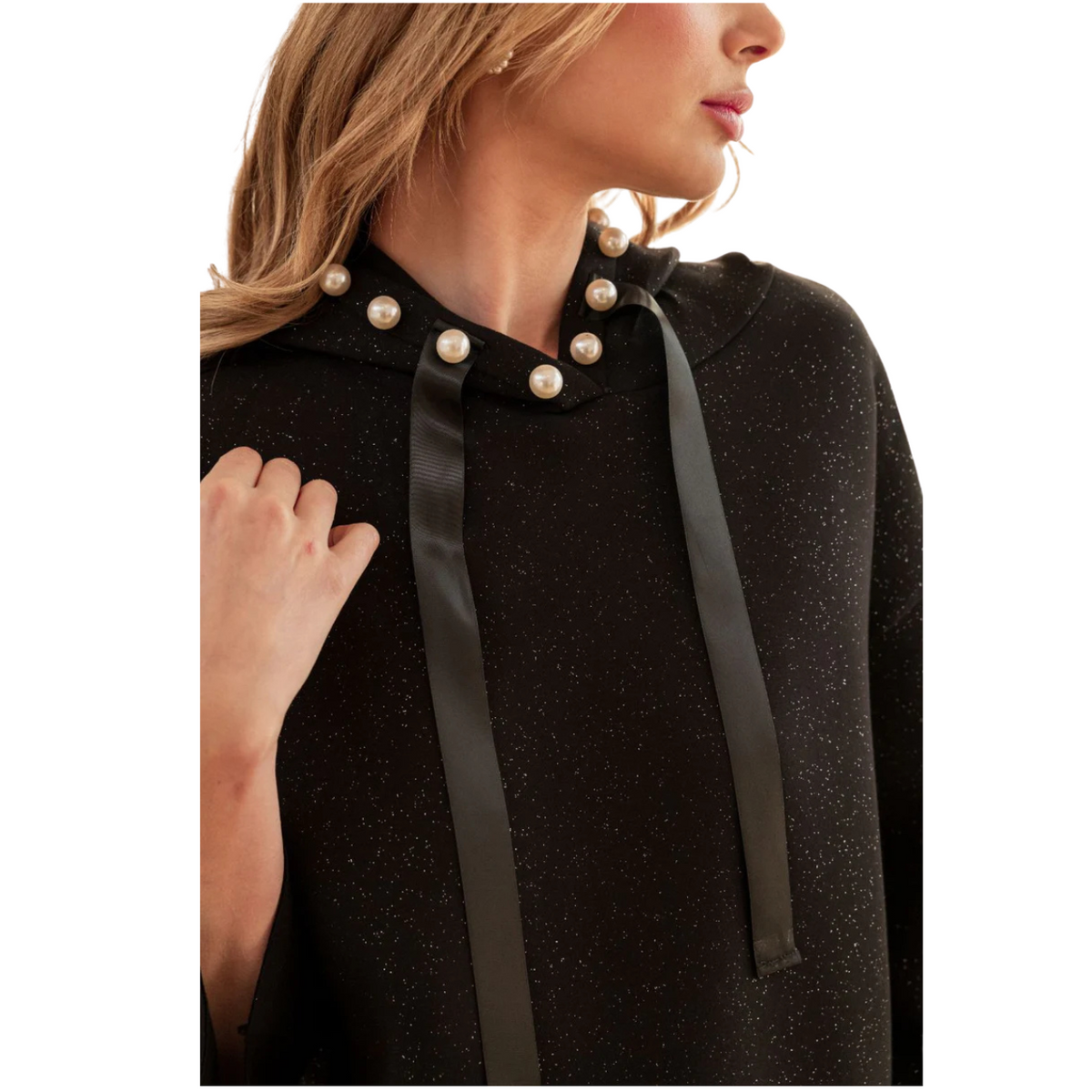 JOH Francine French Scuba Pearl Hoodie with Glitter -Black