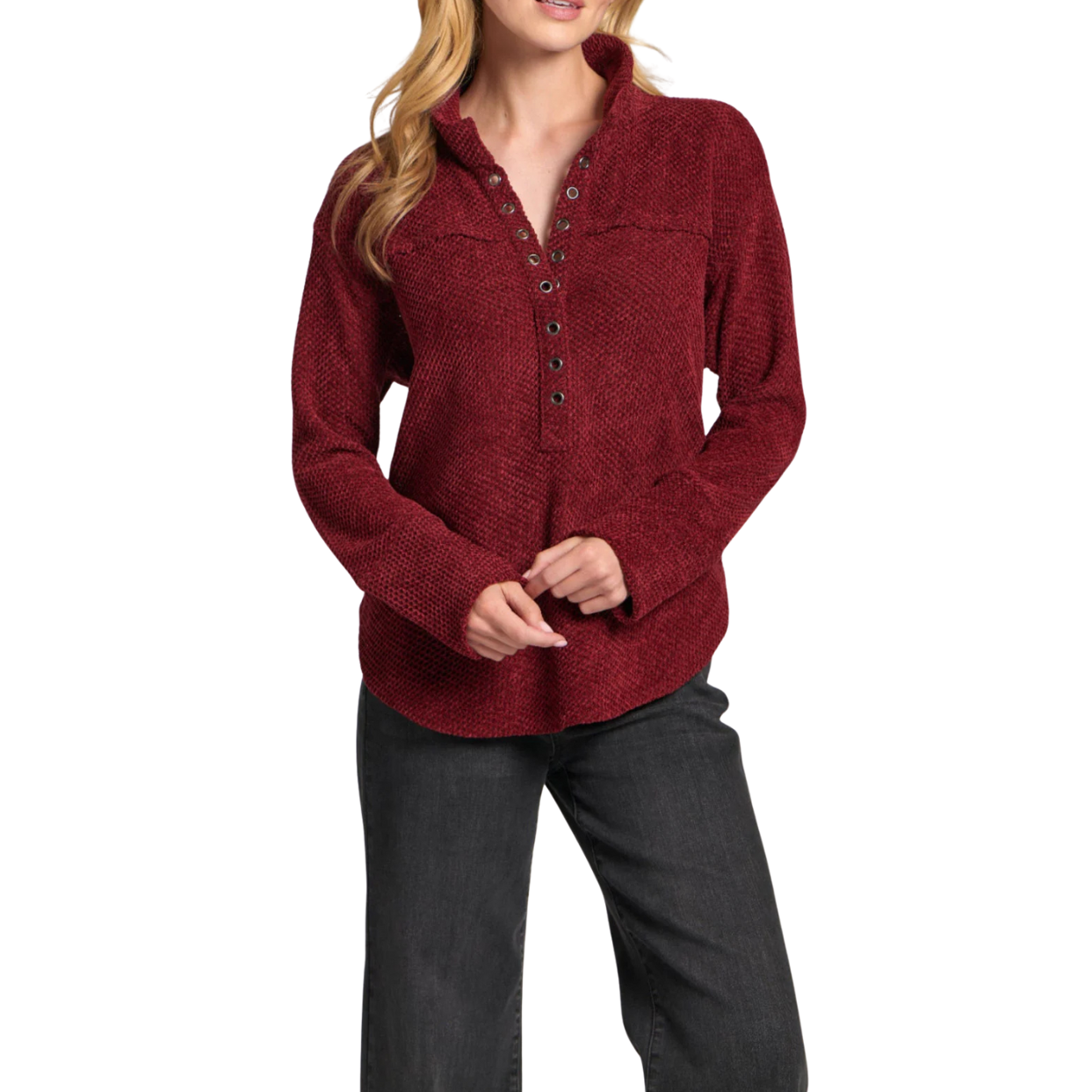 APNY Chenille Henley with Grommet Placket -Wine