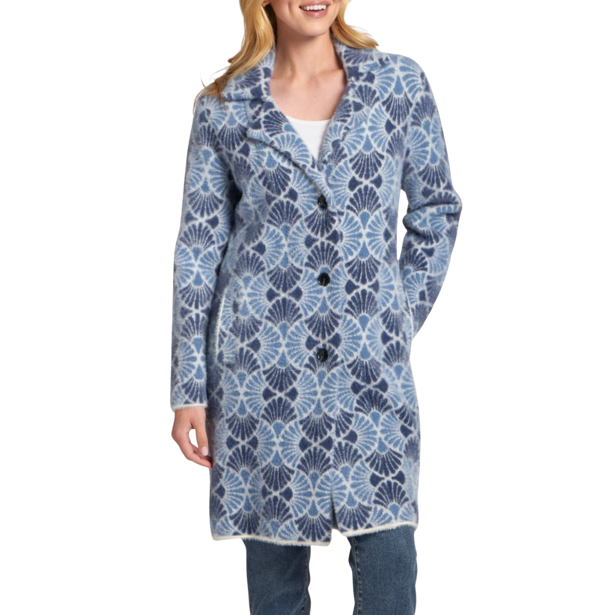 APNY Single Breasted Plush Whimsical Floral Cozy Coat -Navy/Medium Blue