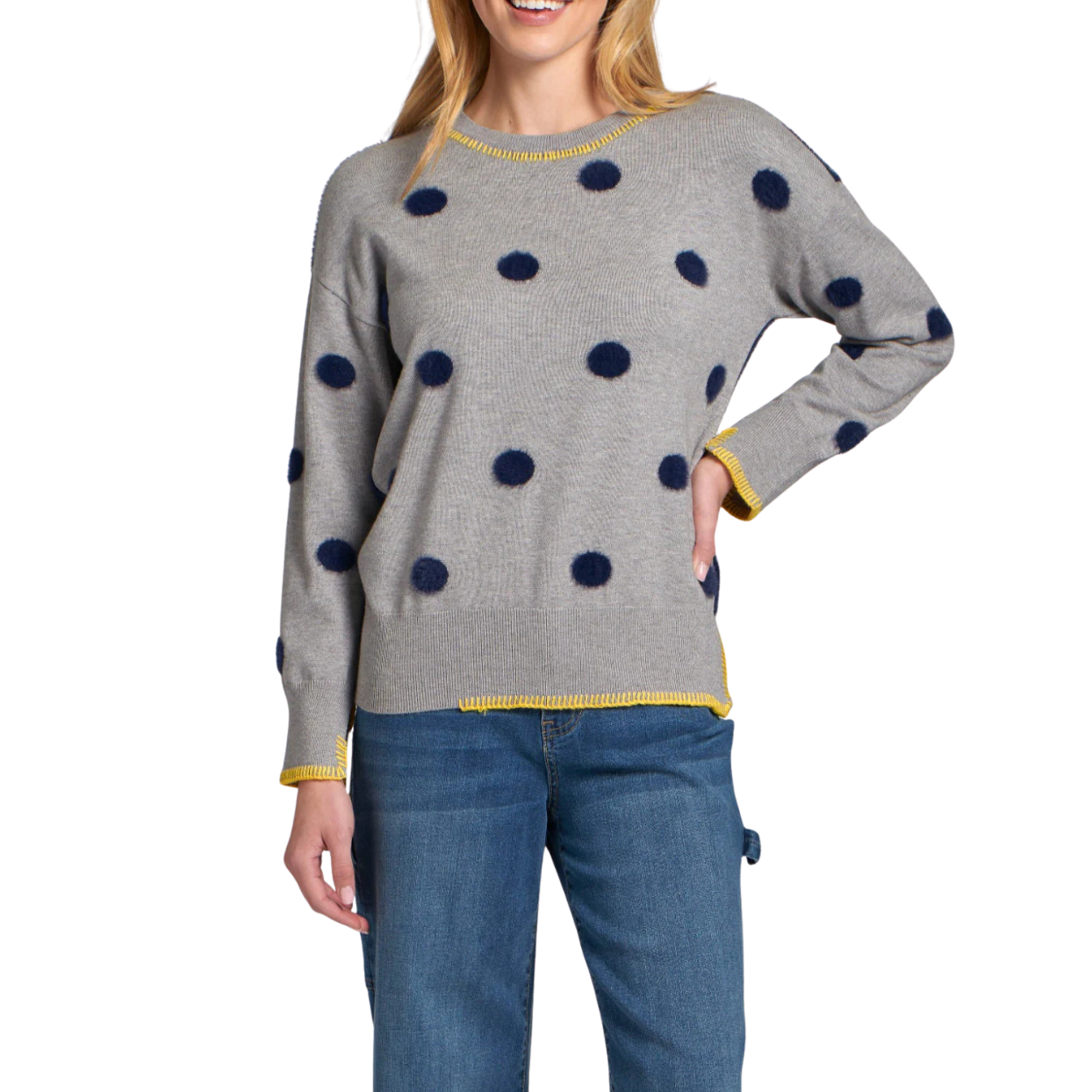 APNY Polka Dot Sweater with Contrast Stitching -Grey/Navy