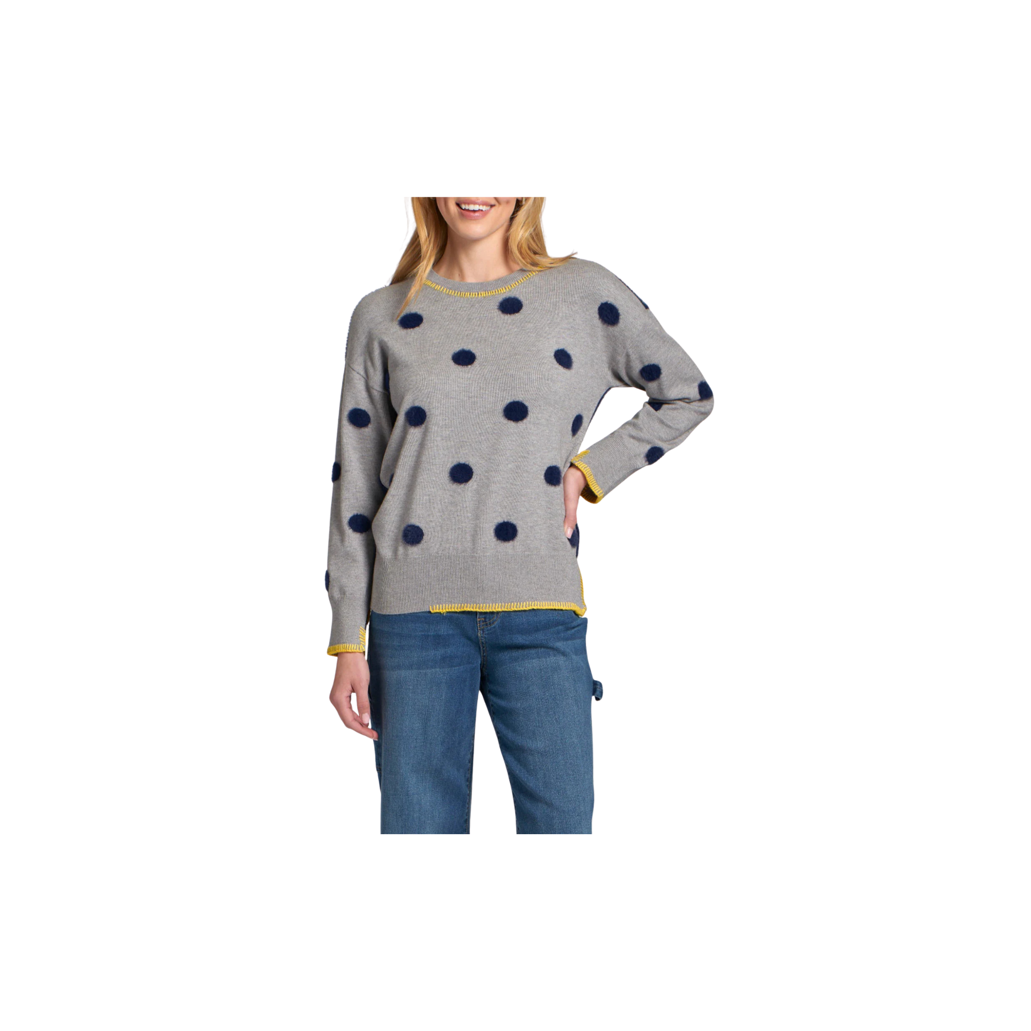 APNY Polka Dot Sweater with Contrast Stitching -Grey/Navy