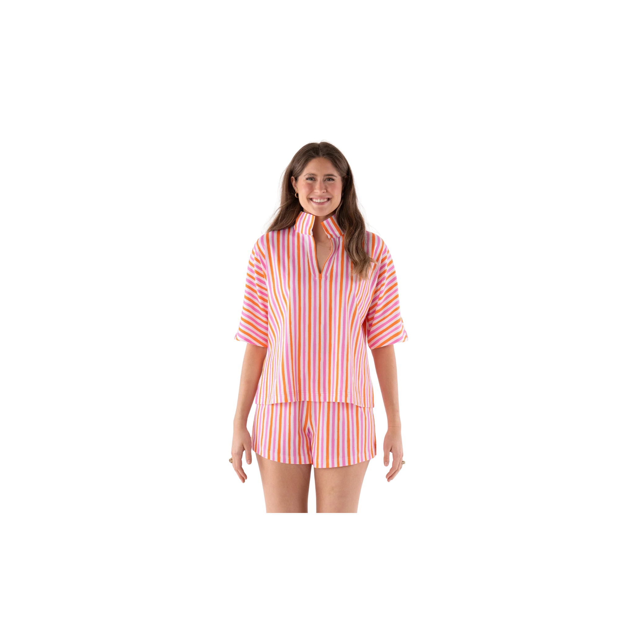 Emily McCarthy Pajama Short Set -Coral Pink Stripe
