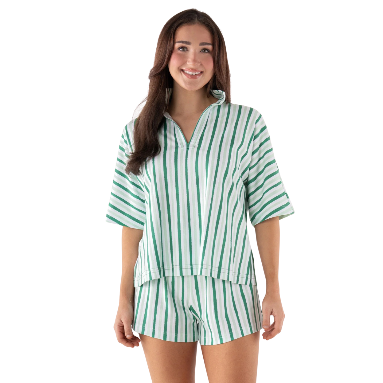 Emily McCarthy Pajama Short Set -Mist Green Stripe