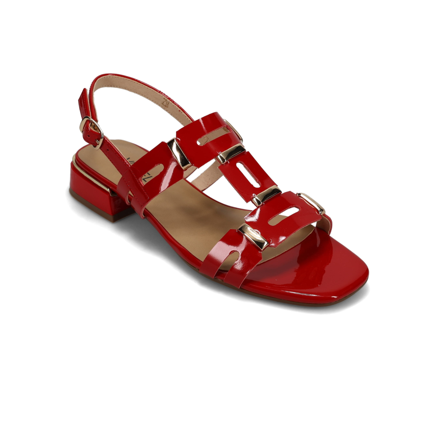 Vaneli Eliana Low Heeled Sandal - Red Patent Gold Trim