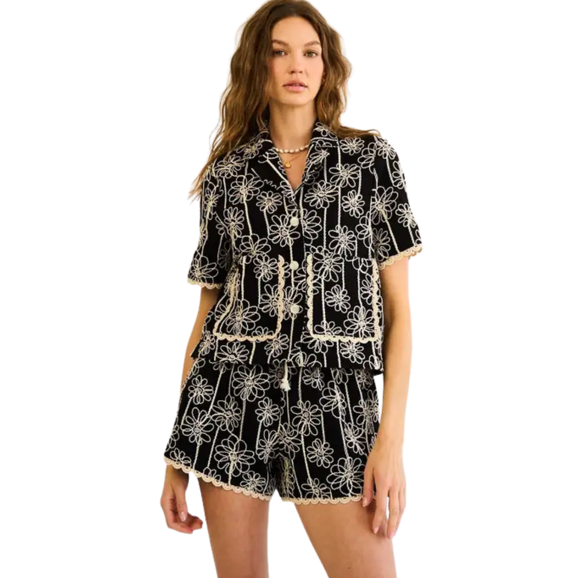 The GREii Button Down Top & Drawstring Shorts Set - Black