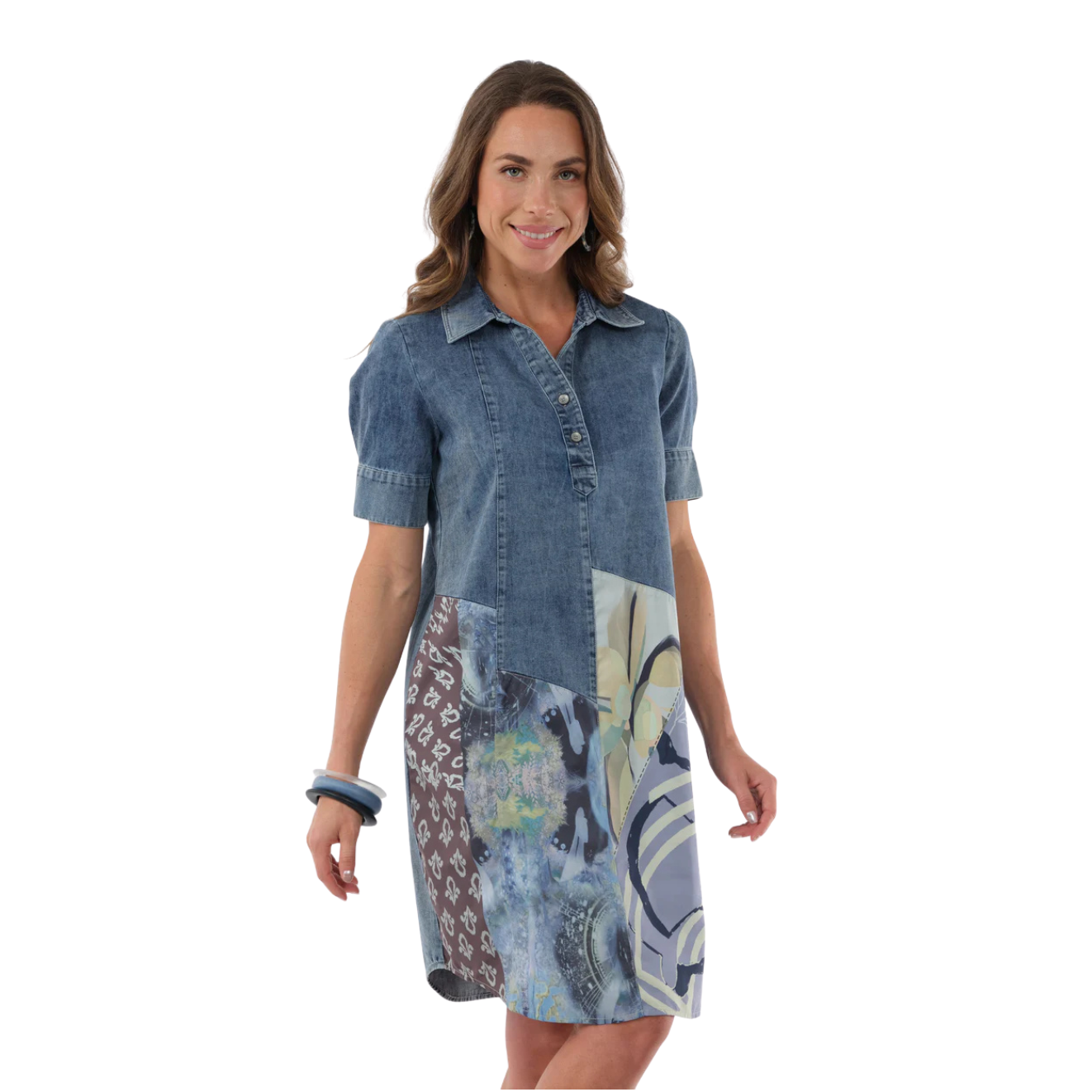 Lior Paris Rina Patchwork Short Sleeve Midi Jean Short Dress