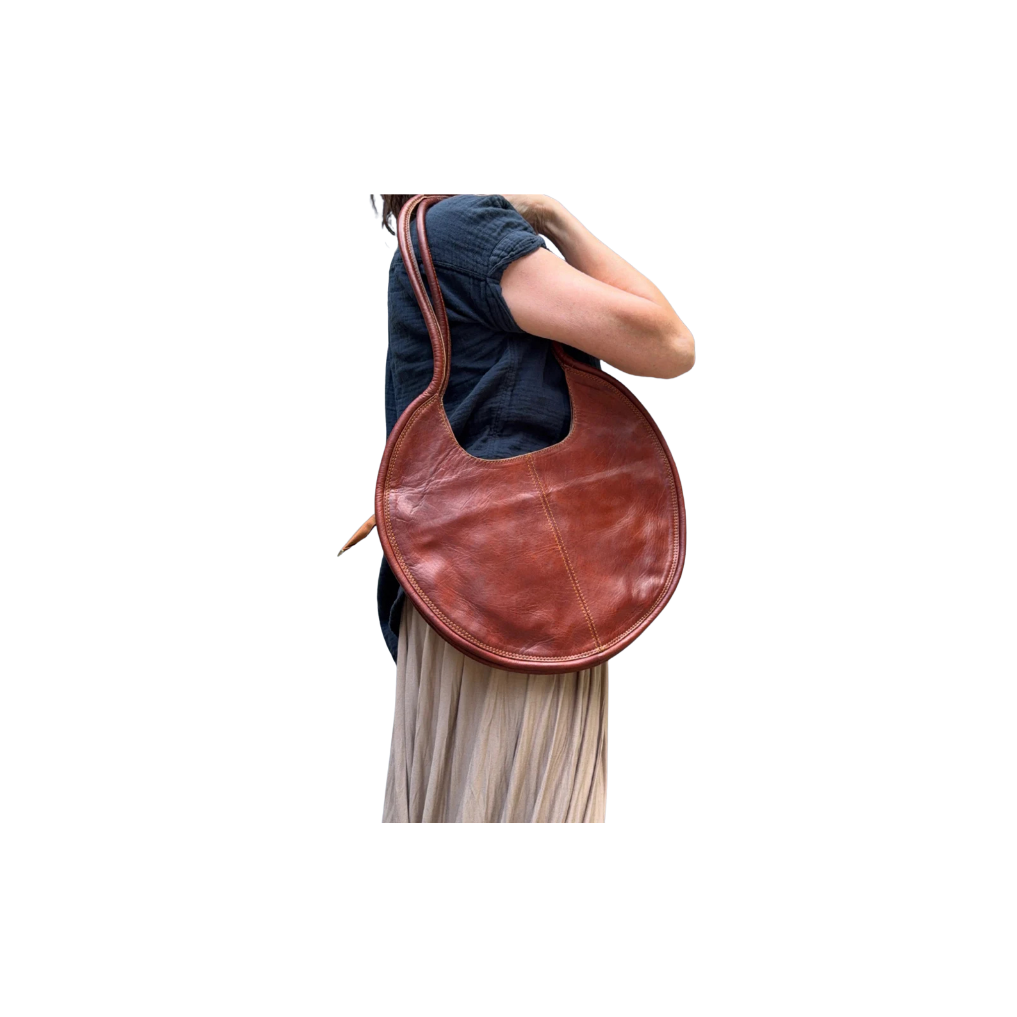 Intertwined Leather Circle Purse -Cognac