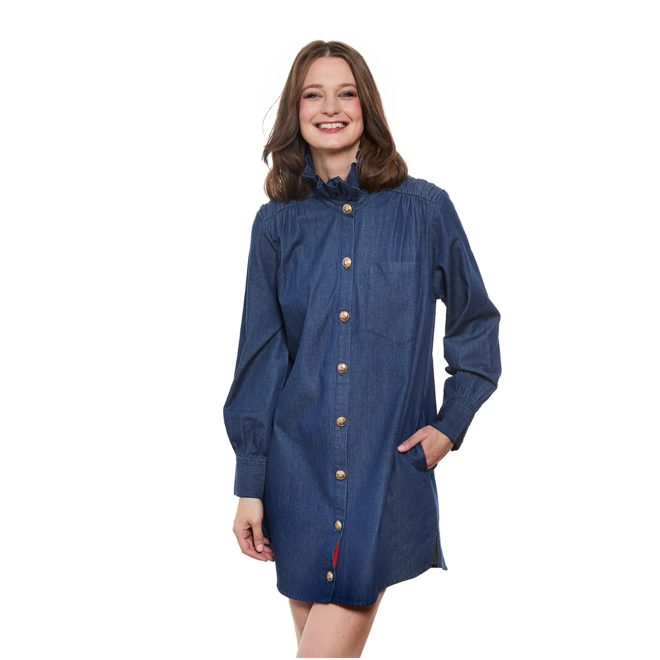 Dizzy Lizzie Denim Tunic with Ruffle Neck & Side Pockets