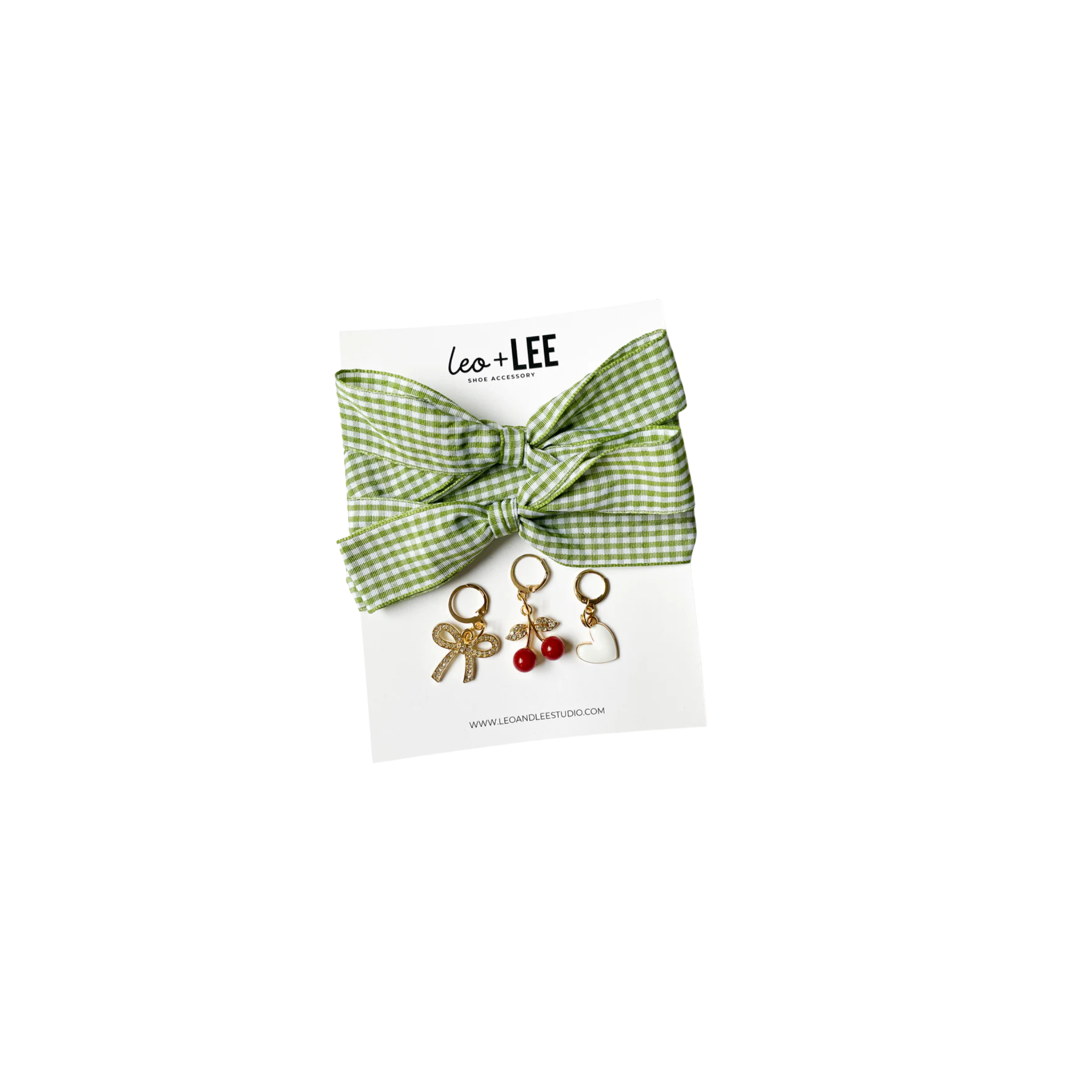 Leo + Lee Sage Gingham Lace & Charm Set (Heart, Bow, Cherry)