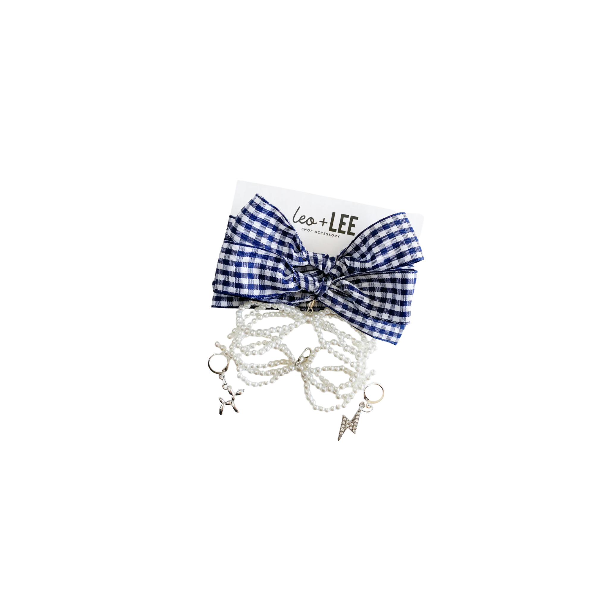Leo + Lee Navy Gingham Shoelace & Charm Set (Pearl Bow, Lightning Bolt, Balloon Dog)