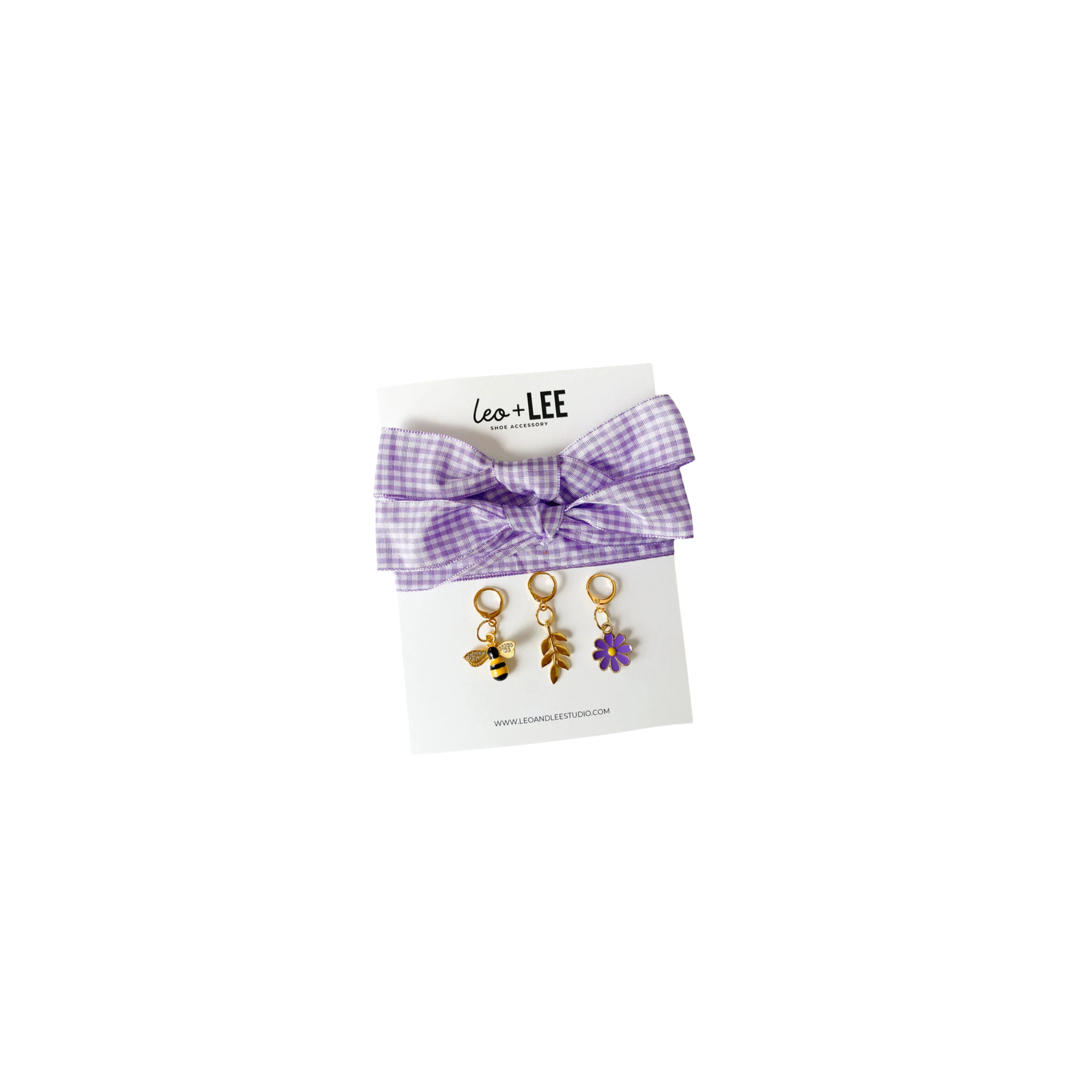 Leo + Lee Lavender Gingham Shoelace & Charm Set (Bee, Fern, Flower)
