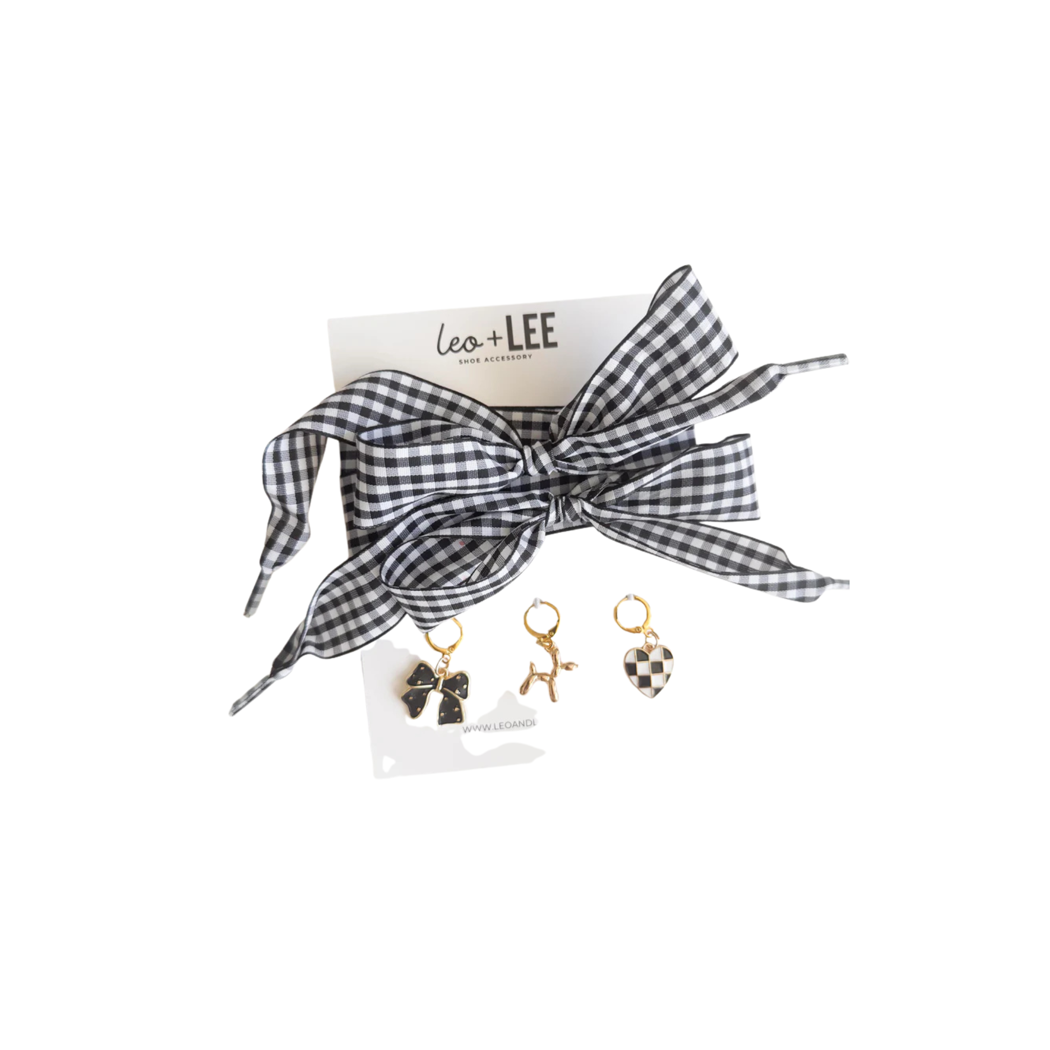 Leo + Lee Black Gingham Shoelace & Charm Set (Bow, Balloon Dog, Heart)