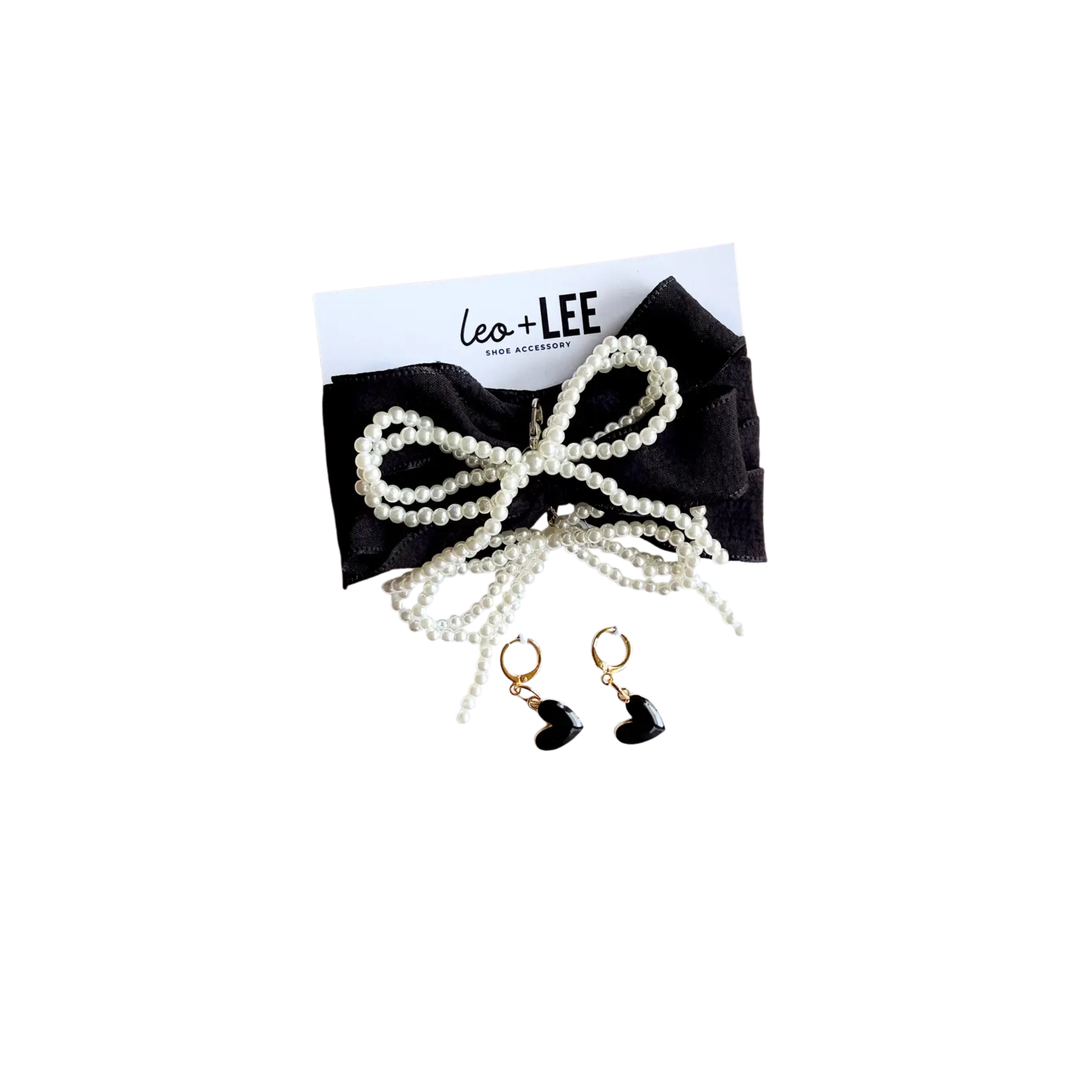 Leo + Lee Black Lace Shoelaces & Charm Set (Pearl Bows, Hearts)