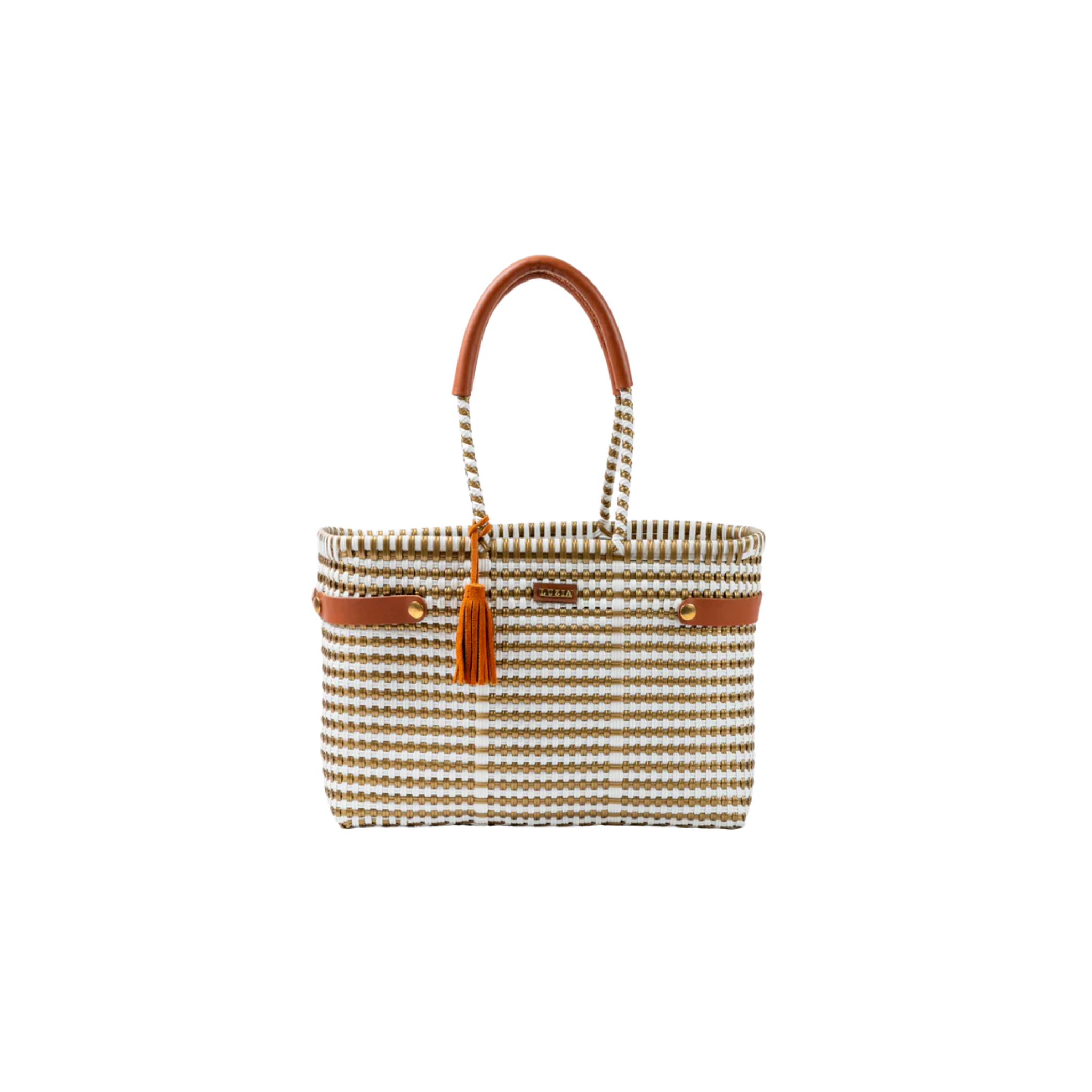 Luzia Open Basket Tote Bag Medium Lines White/Gold