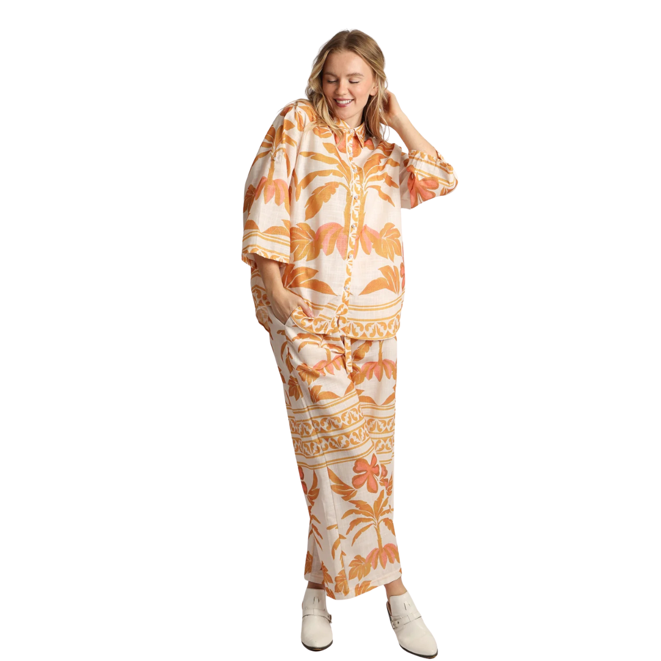 Beulah Dustin Tropical Printed Linen Style Top & Pants Set -Tangerine