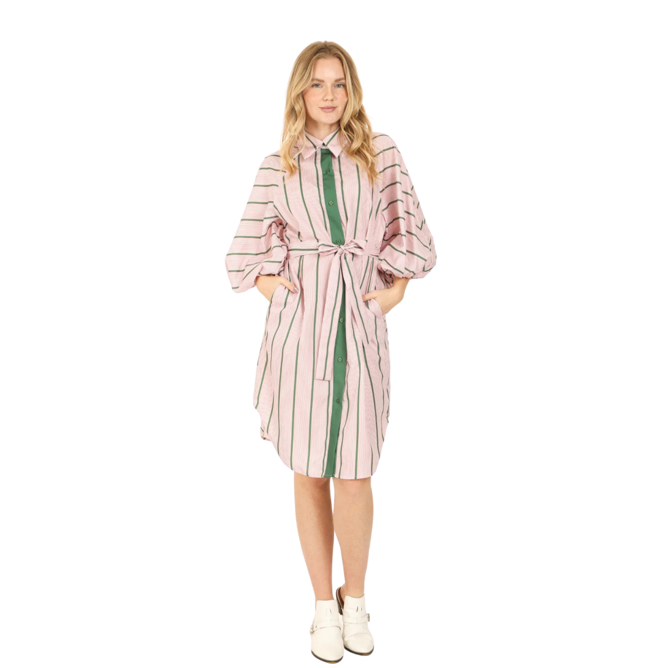 Beulah Jason Multi Striped Contrast Belted Midi Shirt Dress -Olive